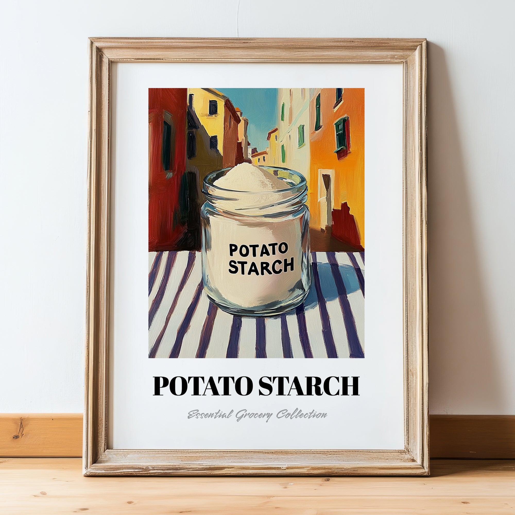 Potato Starch – Italian Street Café Scene, Sweetener Print, in wooden frame leaning on the floor