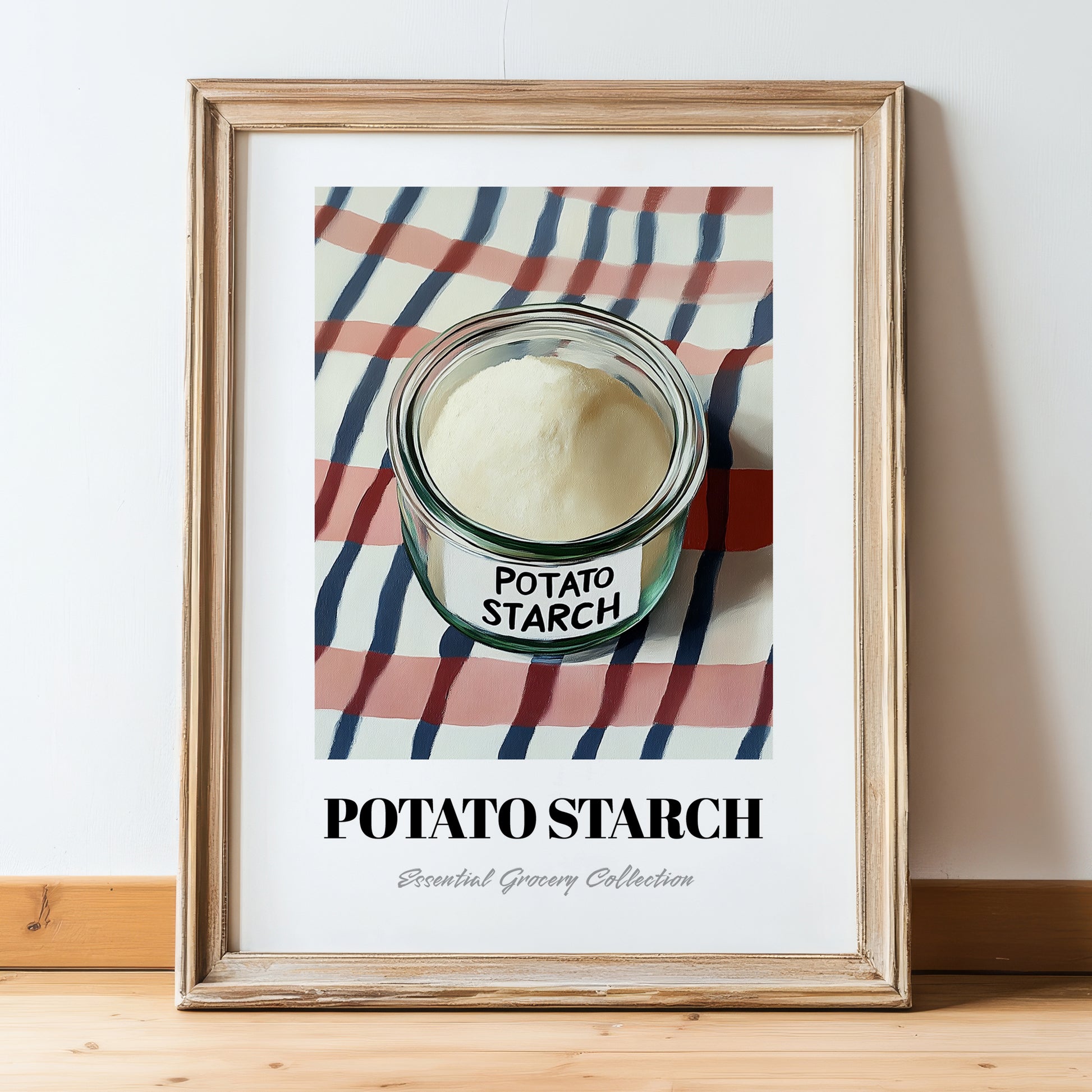Potato Starch – on Striped Tablecloth, Sweetener Painting, in wooden frame leaning on the floor