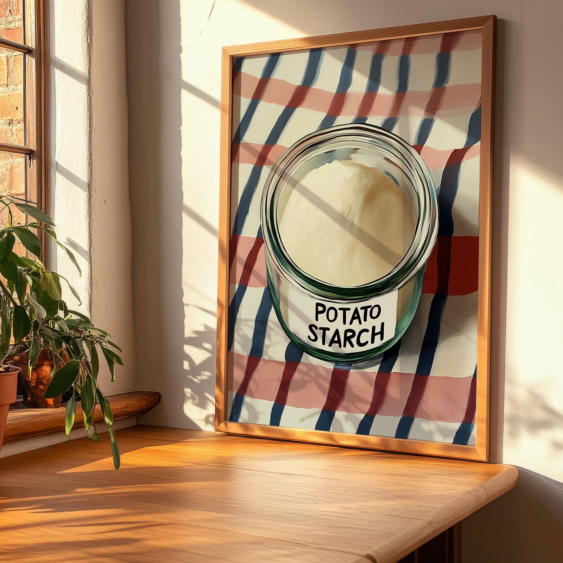 Potato Starch – on Striped Tablecloth, Sweetener Painting, clean layout with no caption