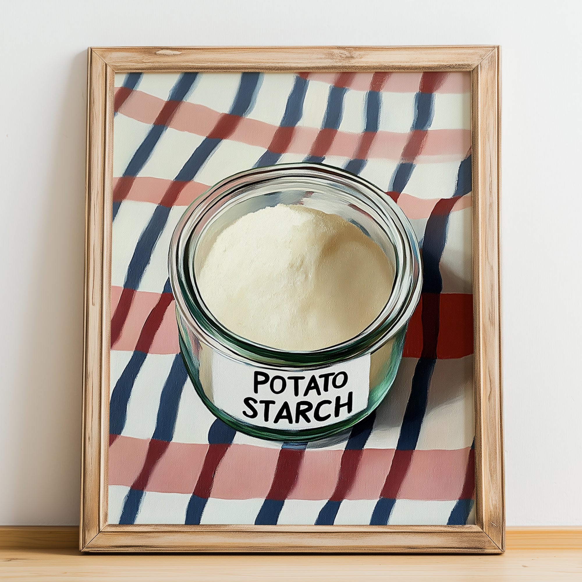 Potato Starch – on Striped Tablecloth, Sweetener Painting, no-text version framed in wood