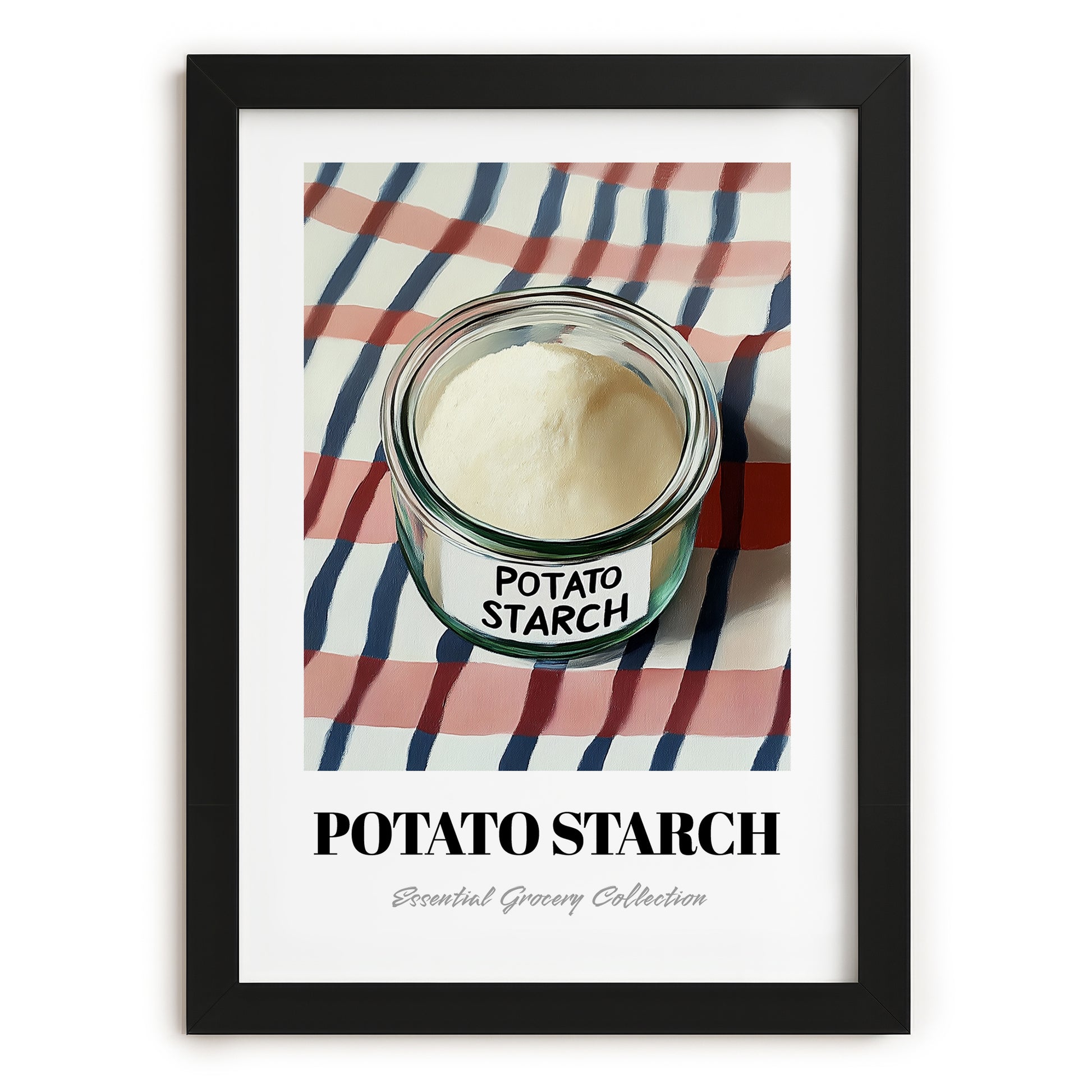 Potato Starch – on Striped Tablecloth, Sweetener Painting, in sleek black frame