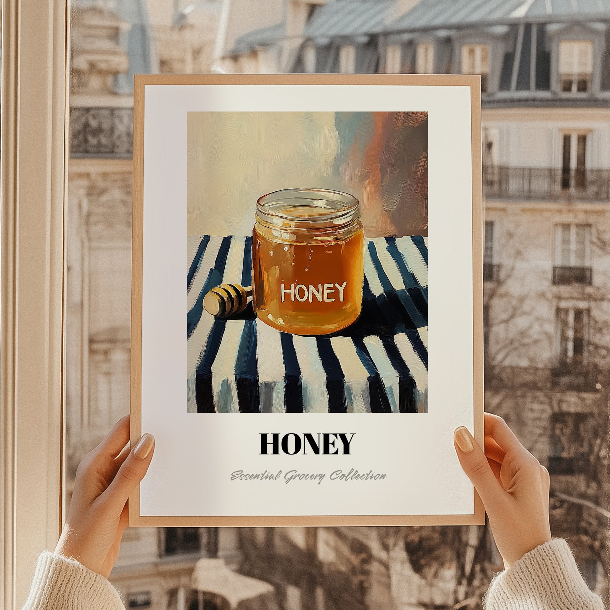 Honey – on Striped Tablecloth, Sweetener Illustration, styled in a charming Paris street view