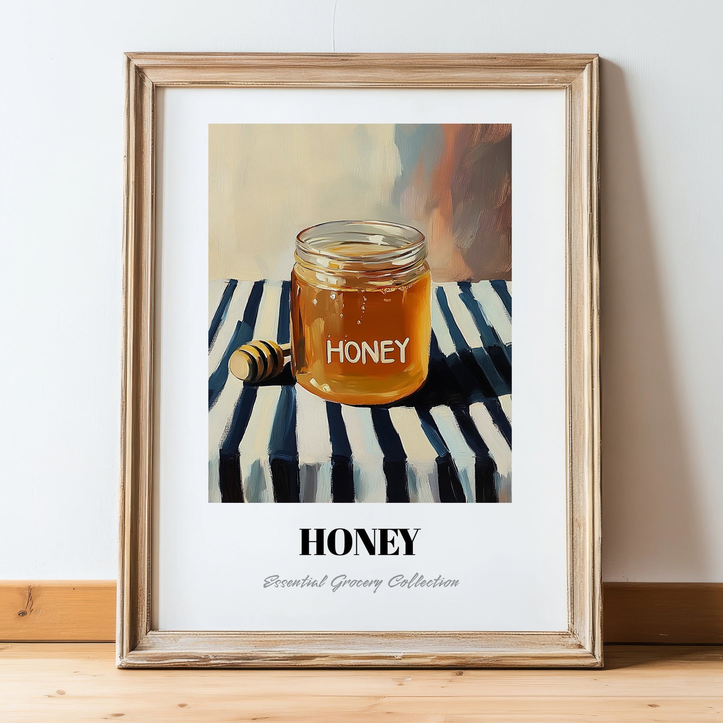 Honey – on Striped Tablecloth, Sweetener Illustration, in wooden frame leaning on the floor