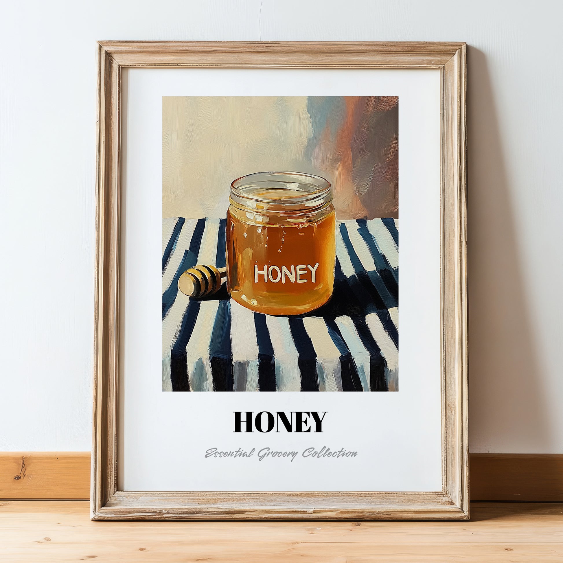 Honey – on Striped Tablecloth, Sweetener Illustration, in wooden frame leaning on the floor