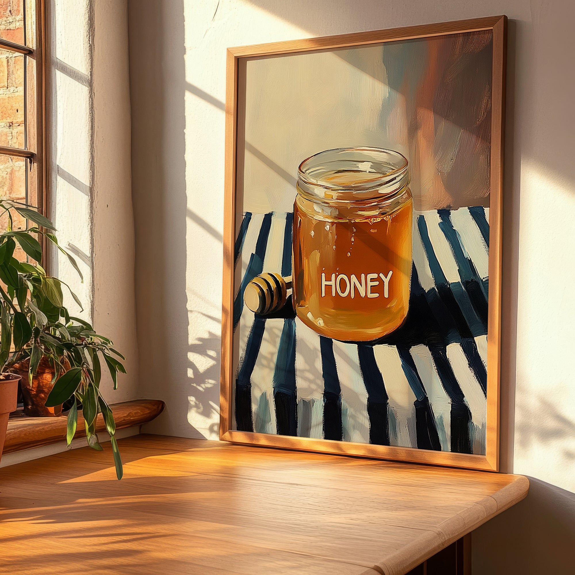 Honey – on Striped Tablecloth, Sweetener Illustration, clean layout with no caption