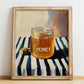 Honey – on Striped Tablecloth, Sweetener Illustration, no-text version framed in wood