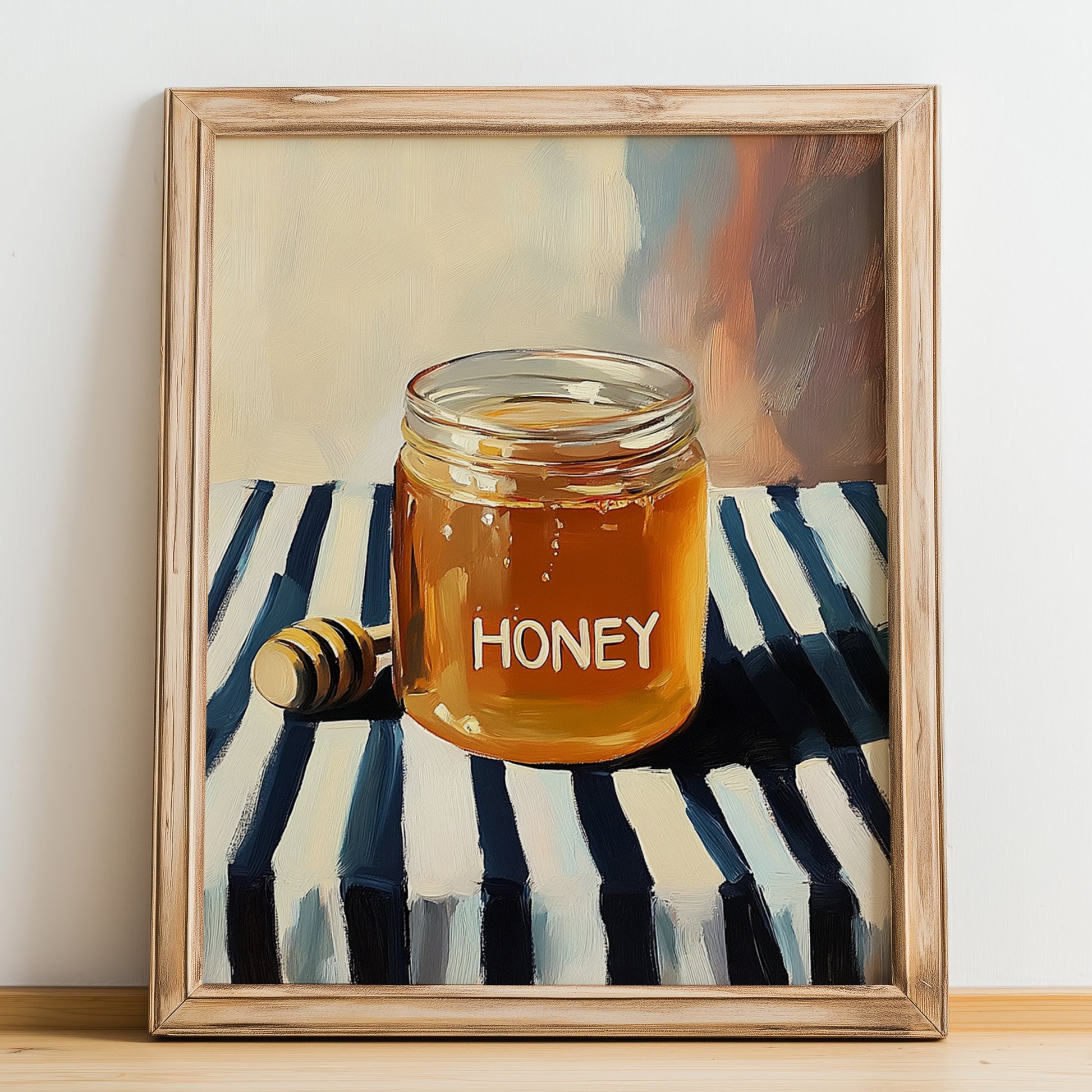 Honey – on Striped Tablecloth, Sweetener Illustration, no-text version framed in wood