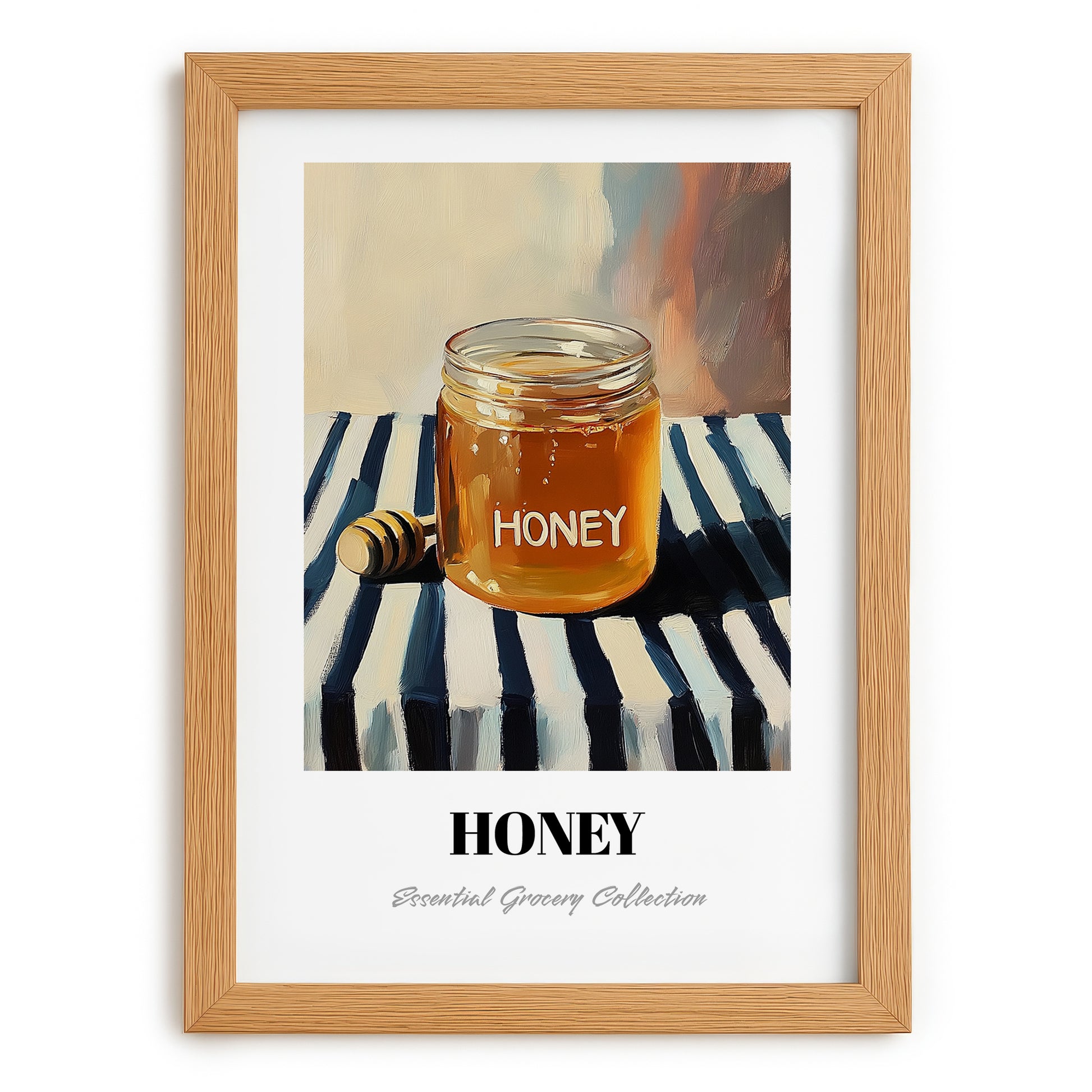 Honey – on Striped Tablecloth, Sweetener Illustration, set in oak frame