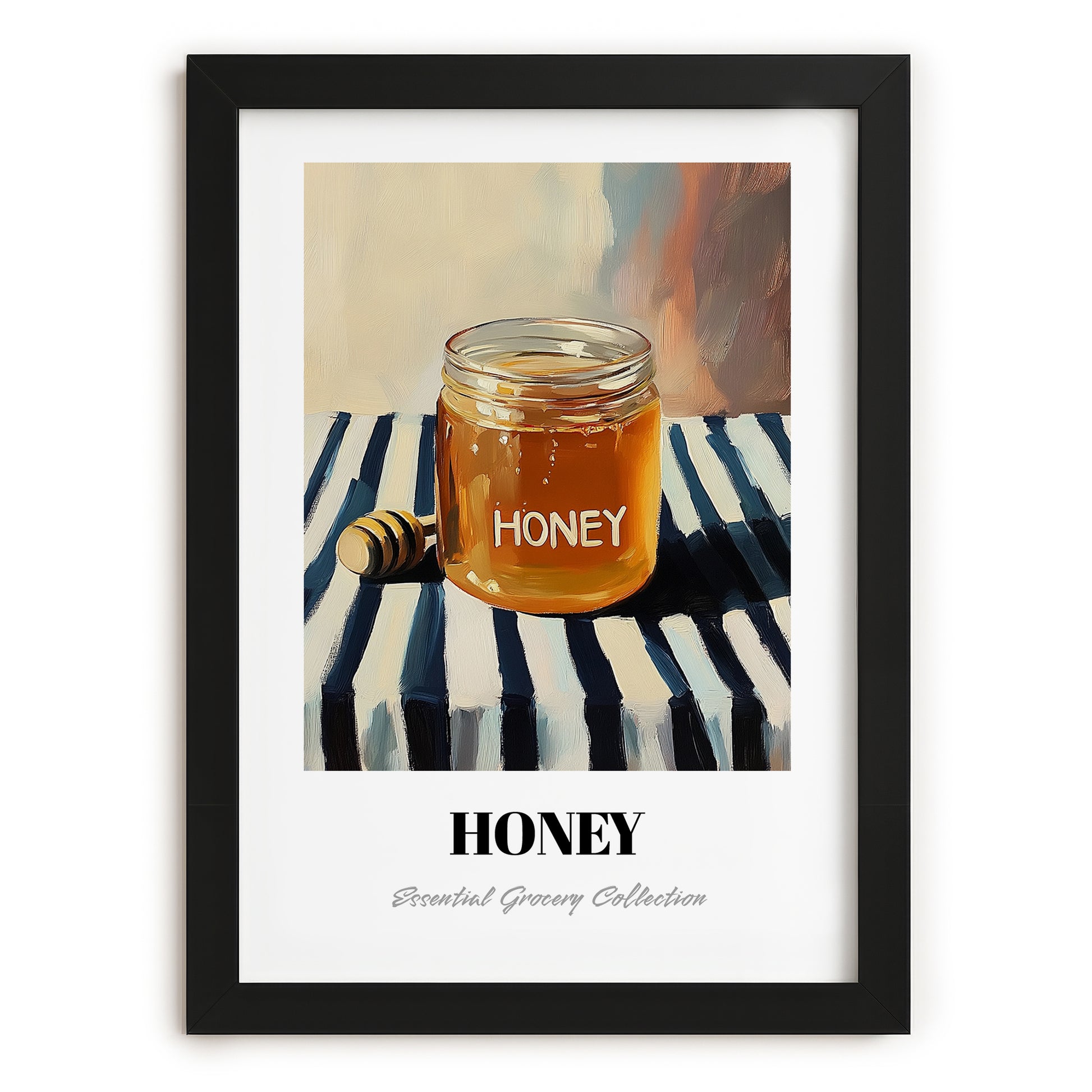 Honey – on Striped Tablecloth, Sweetener Illustration, in sleek black frame