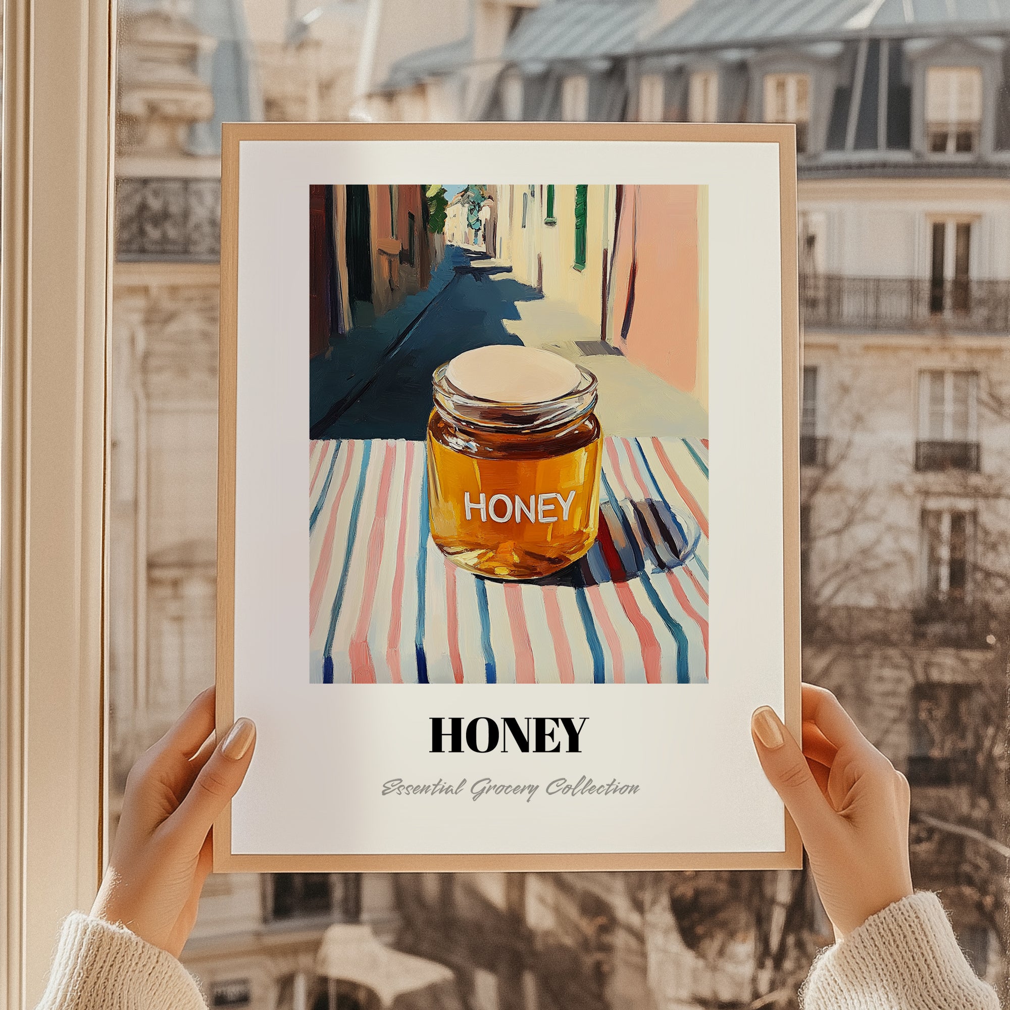 Honey – Italian Urban Café Scene, Sweetener Painting, styled in a charming Paris street view
