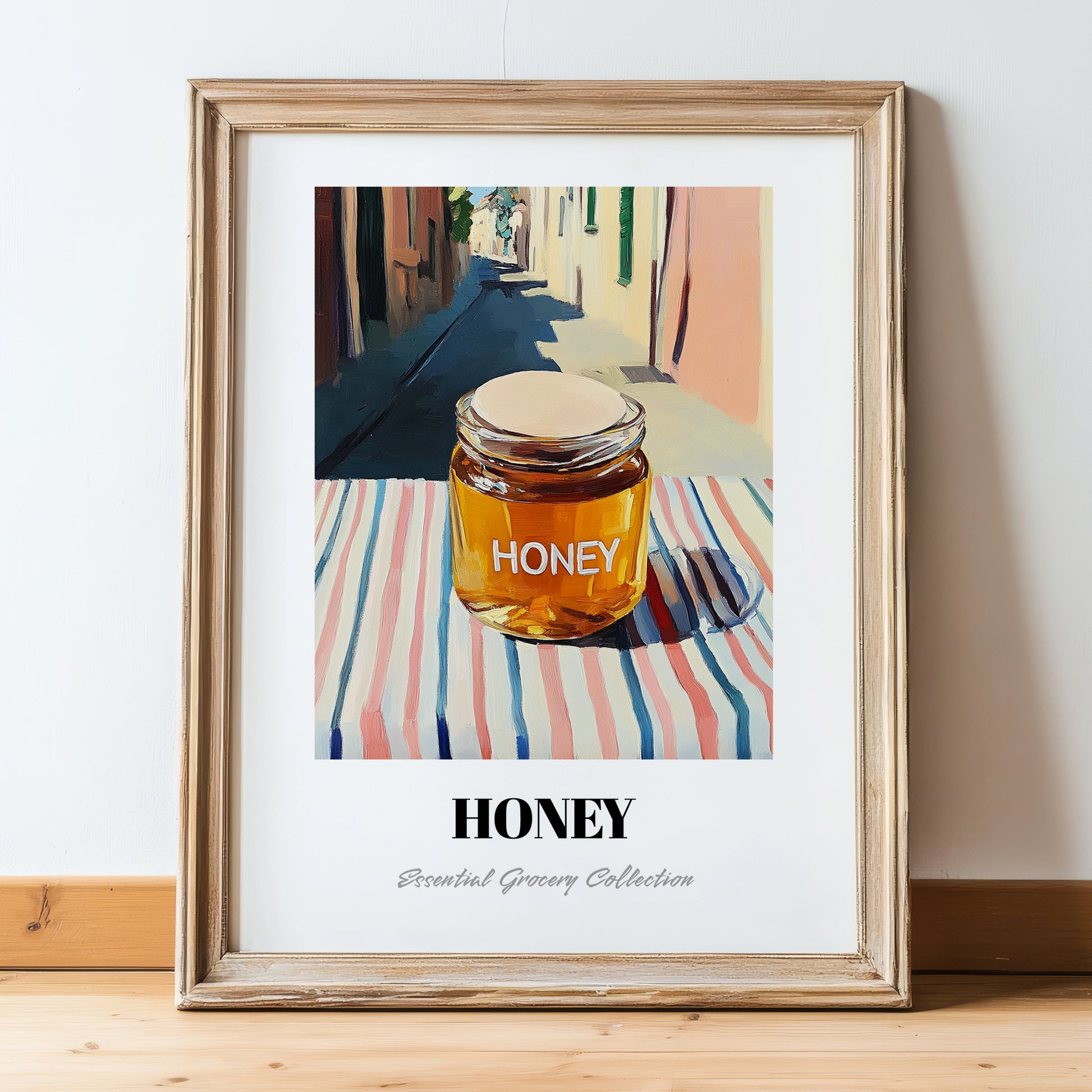 Honey – Italian Urban Café Scene, Sweetener Painting, in wooden frame leaning on the floor