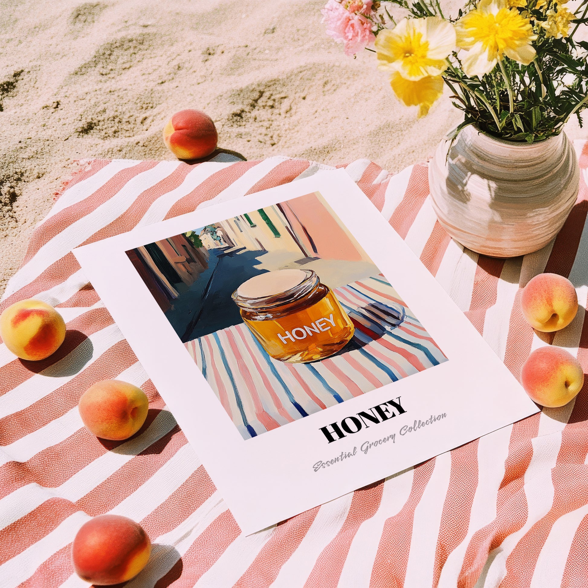 Honey – Italian Urban Café Scene, Sweetener Painting, unframed on coastal sand