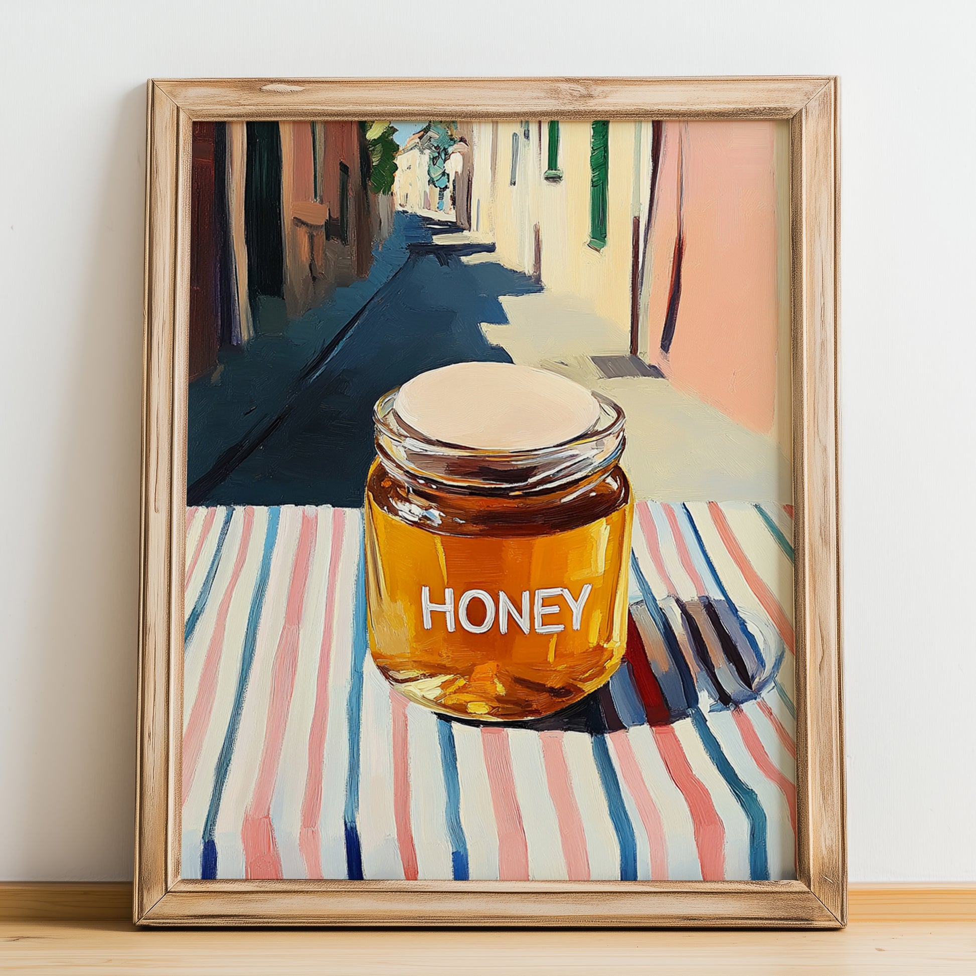 Honey – Italian Urban Café Scene, Sweetener Painting, no-text version framed in wood