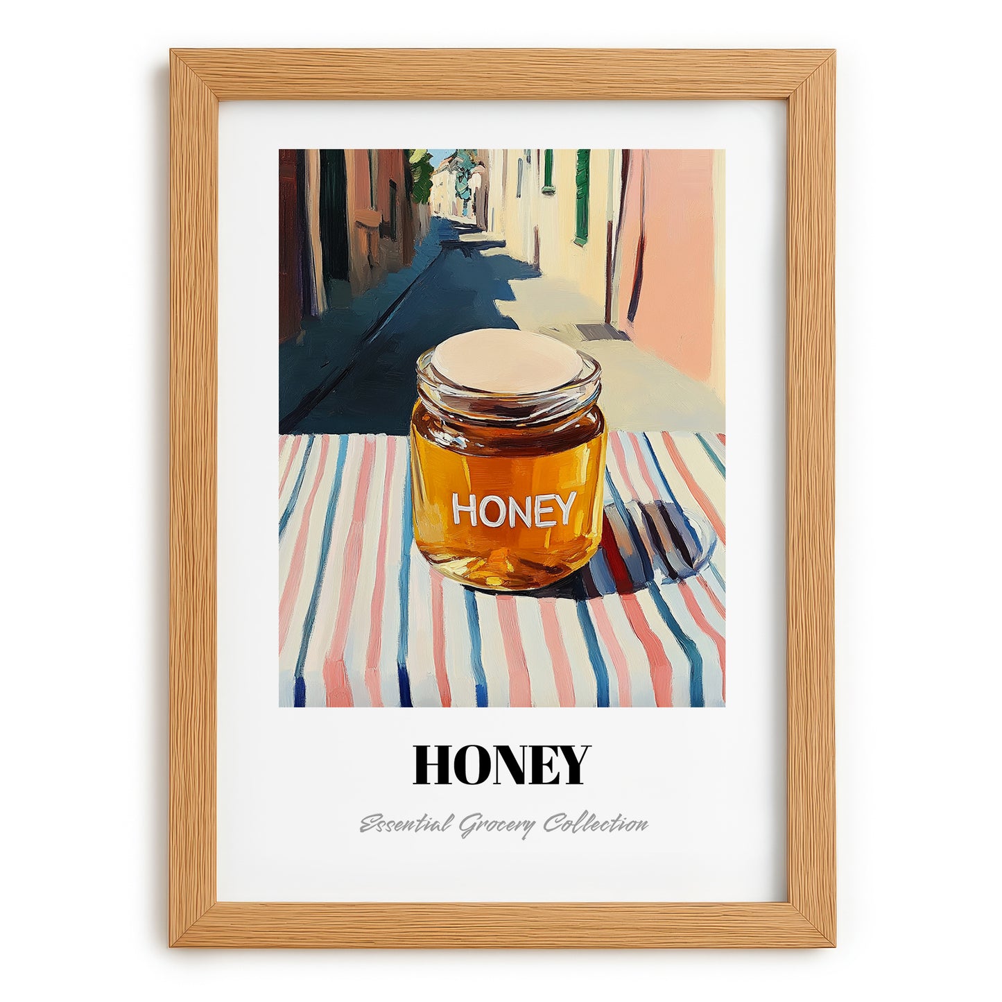Honey – Italian Urban Café Scene, Sweetener Painting, set in oak frame
