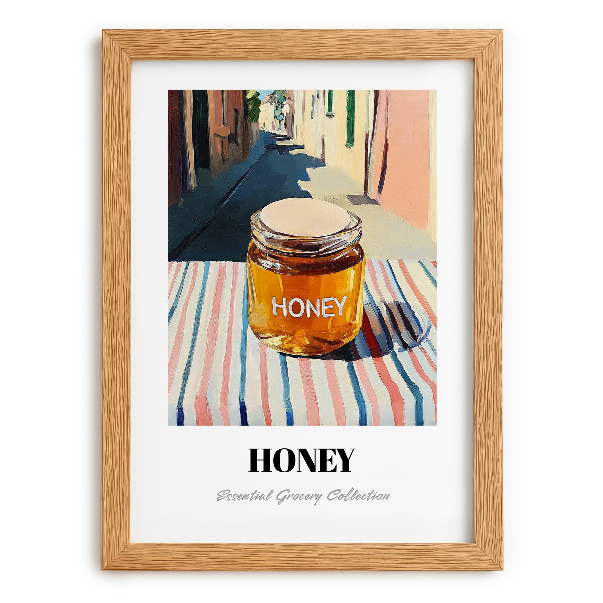 Honey – Italian Urban Café Scene, Sweetener Painting, set in oak frame