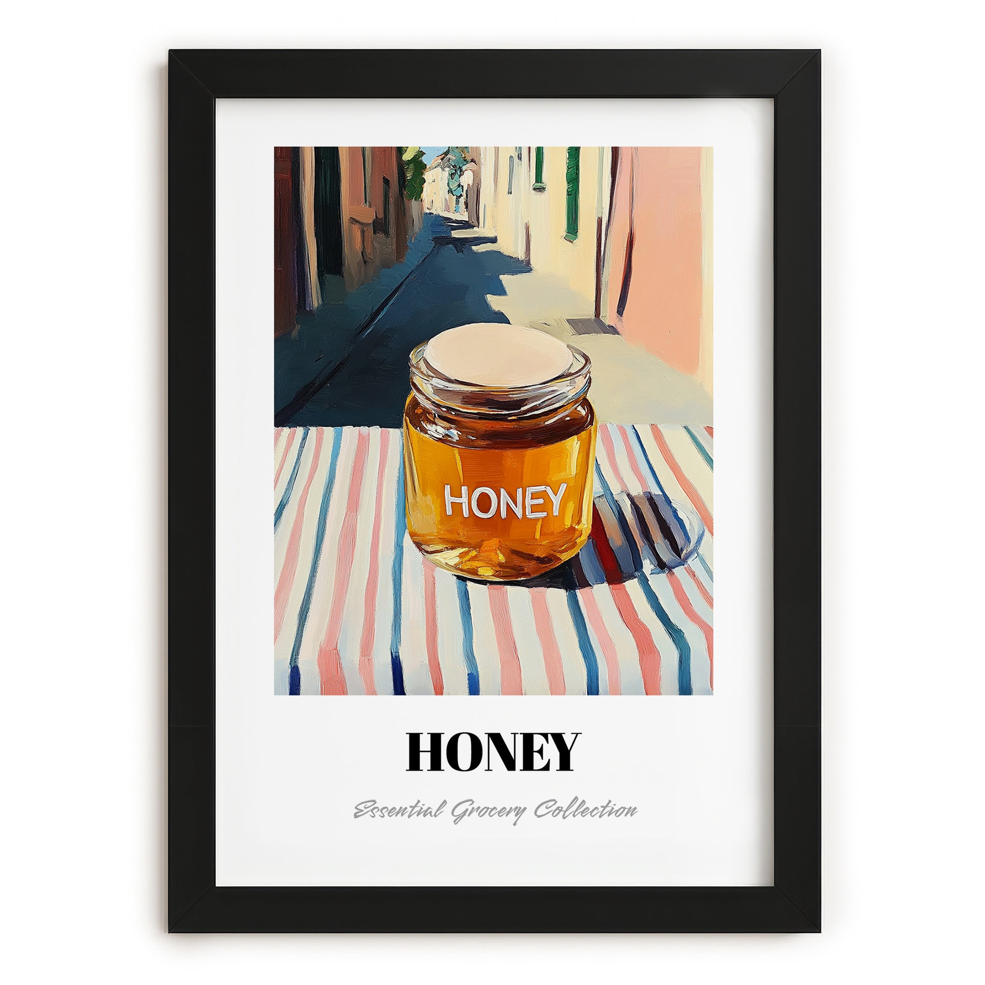 Honey – Italian Urban Café Scene, Sweetener Painting, in sleek black frame