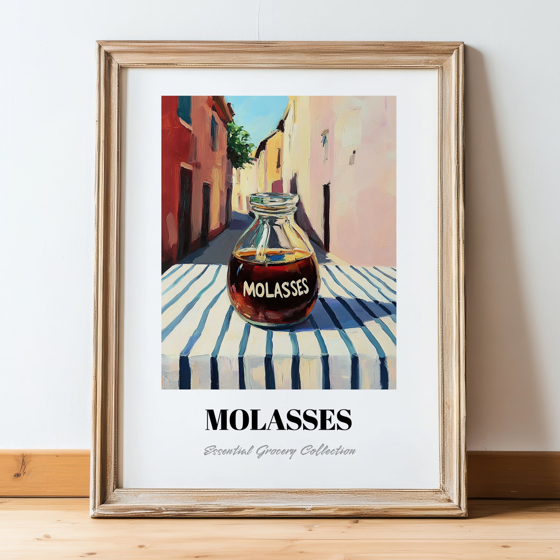 Molasses – Italian Street Café Scene, Sweetener Illustration, in wooden frame leaning on the floor
