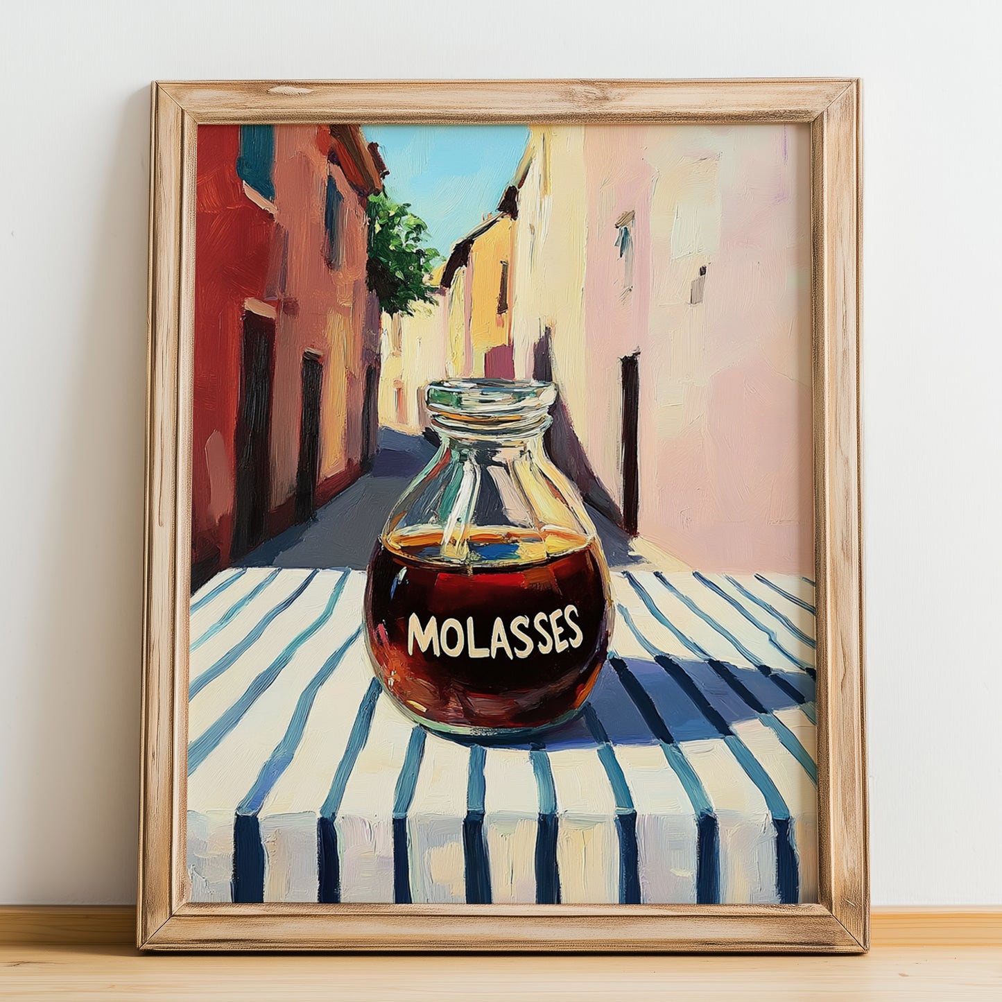 Molasses – Italian Street Café Scene, Sweetener Illustration, no-text version framed in wood