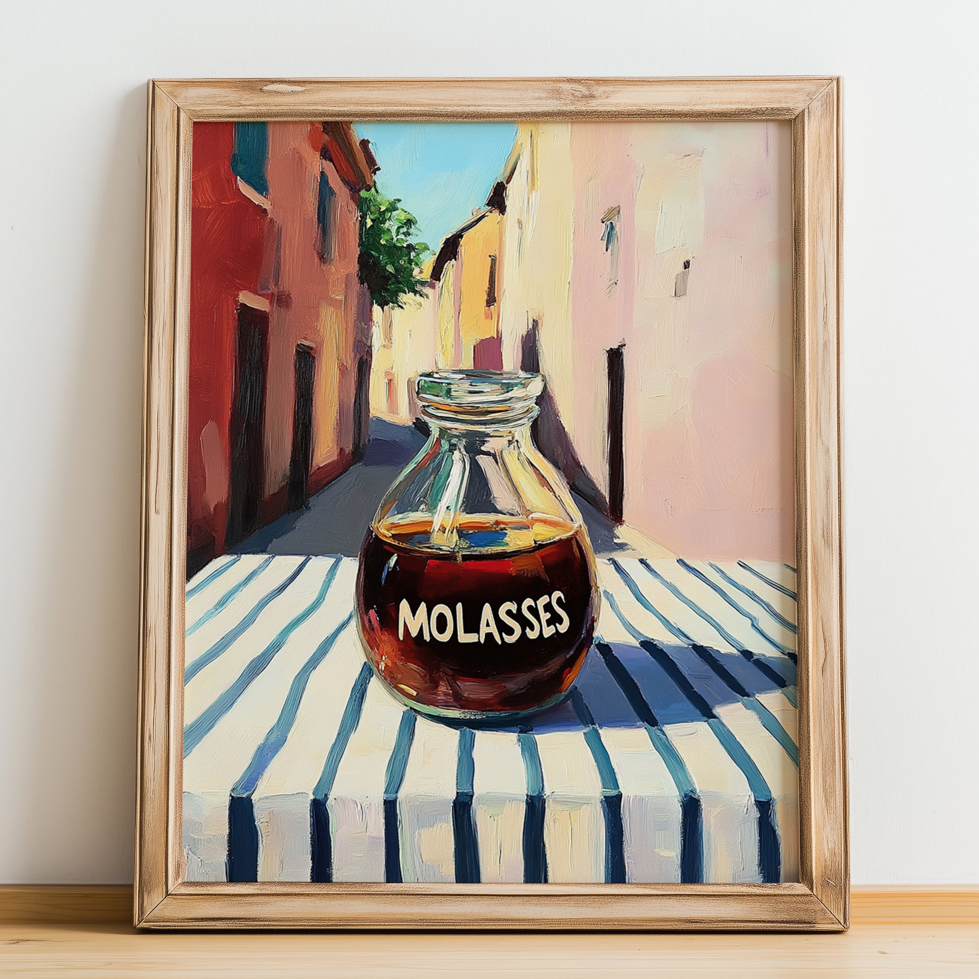 Molasses – Italian Street Café Scene, Sweetener Illustration, no-text version framed in wood