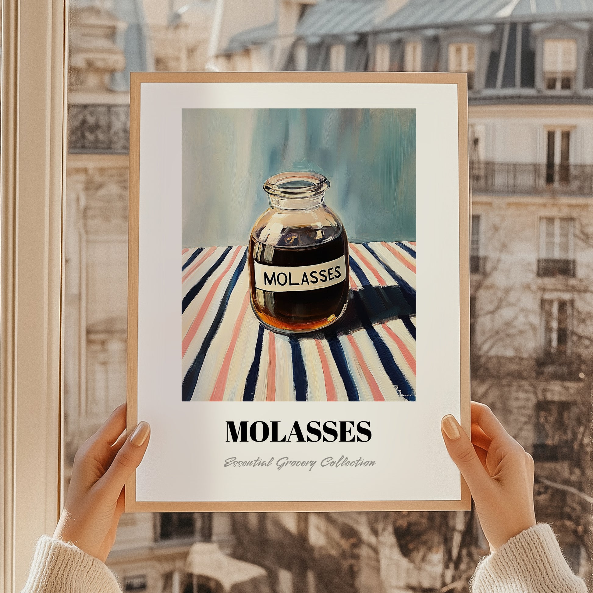 Molasses – on Striped Tablecloth, Sweetener Poster, styled in a charming Paris street view