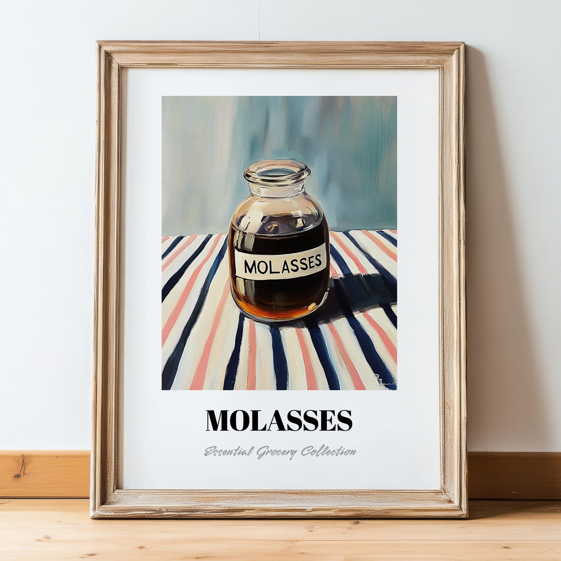 Molasses – on Striped Tablecloth, Sweetener Poster, in wooden frame leaning on the floor