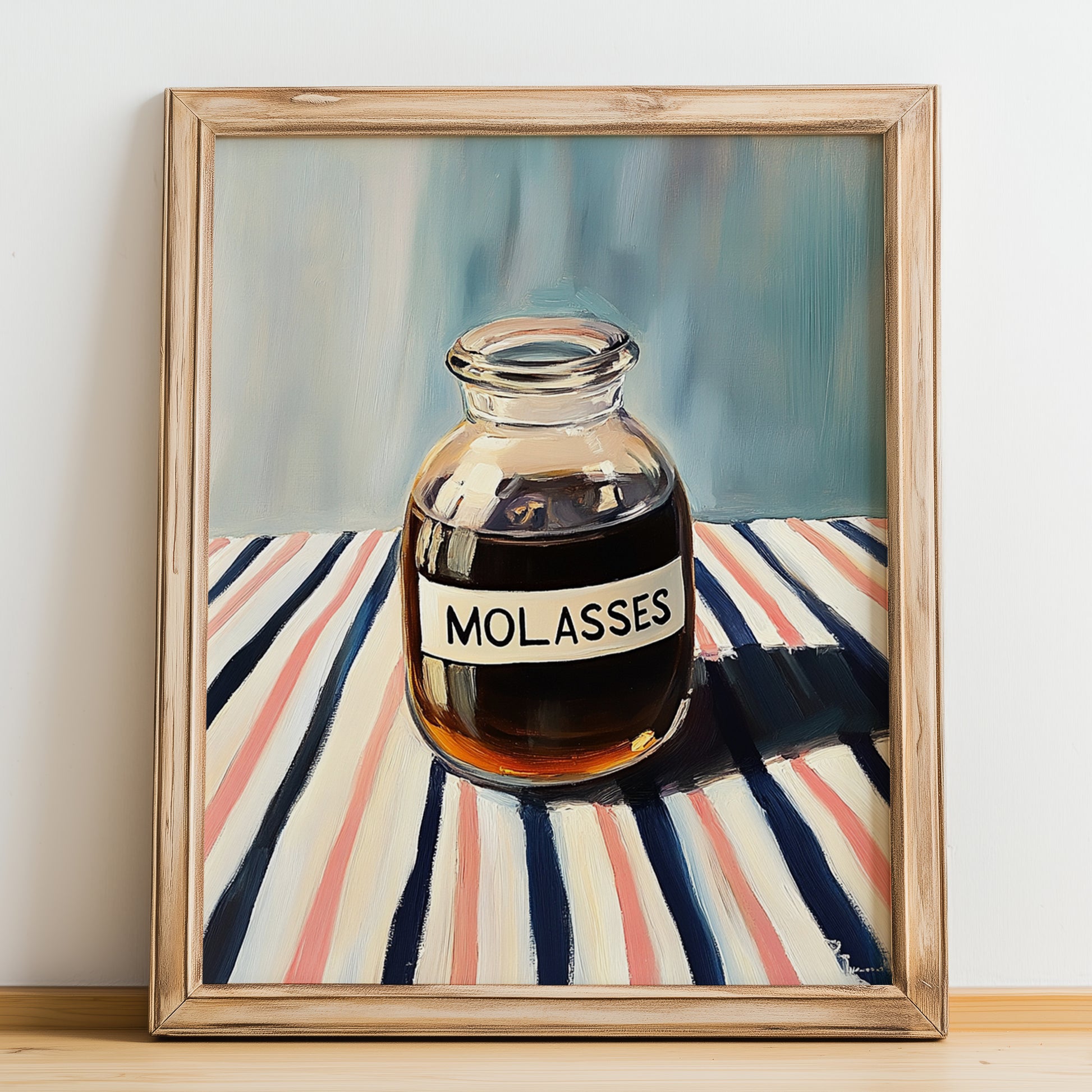 Molasses – on Striped Tablecloth, Sweetener Poster, no-text version framed in wood