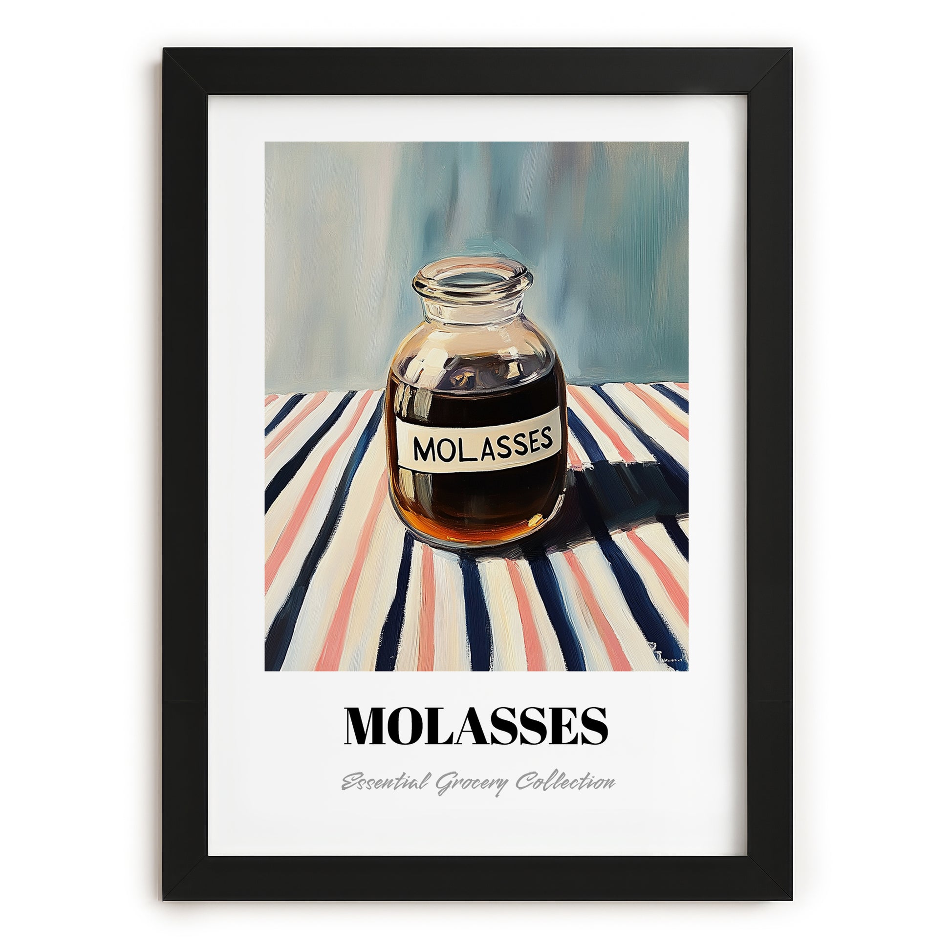 Molasses – on Striped Tablecloth, Sweetener Poster, in sleek black frame