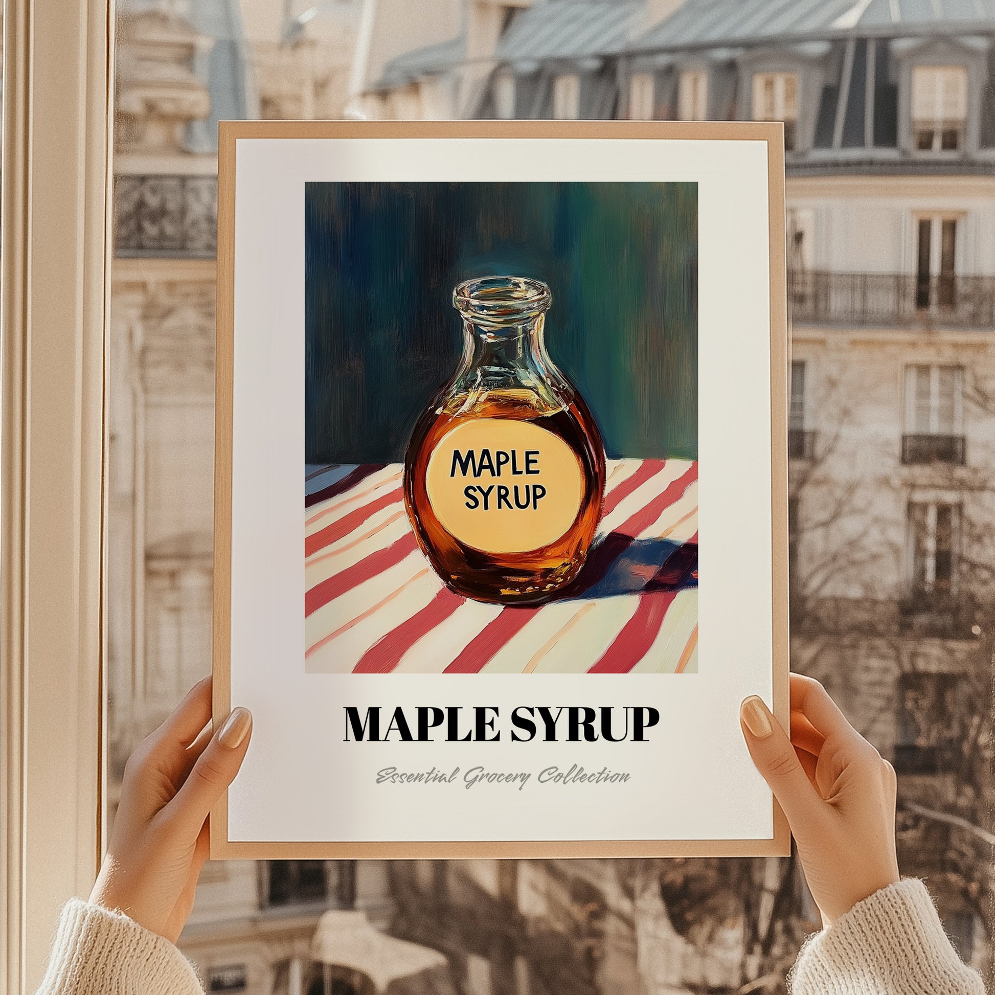 Maple Syrup – on Striped Tablecloth, Sweetener Wall Illustration, styled in a charming Paris street view