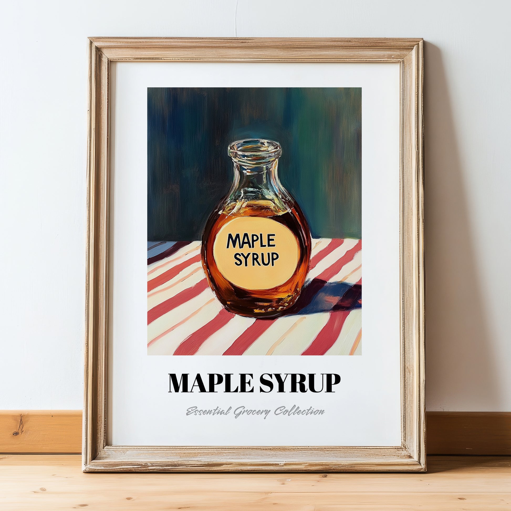 Maple Syrup – on Striped Tablecloth, Sweetener Wall Illustration, in wooden frame leaning on the floor