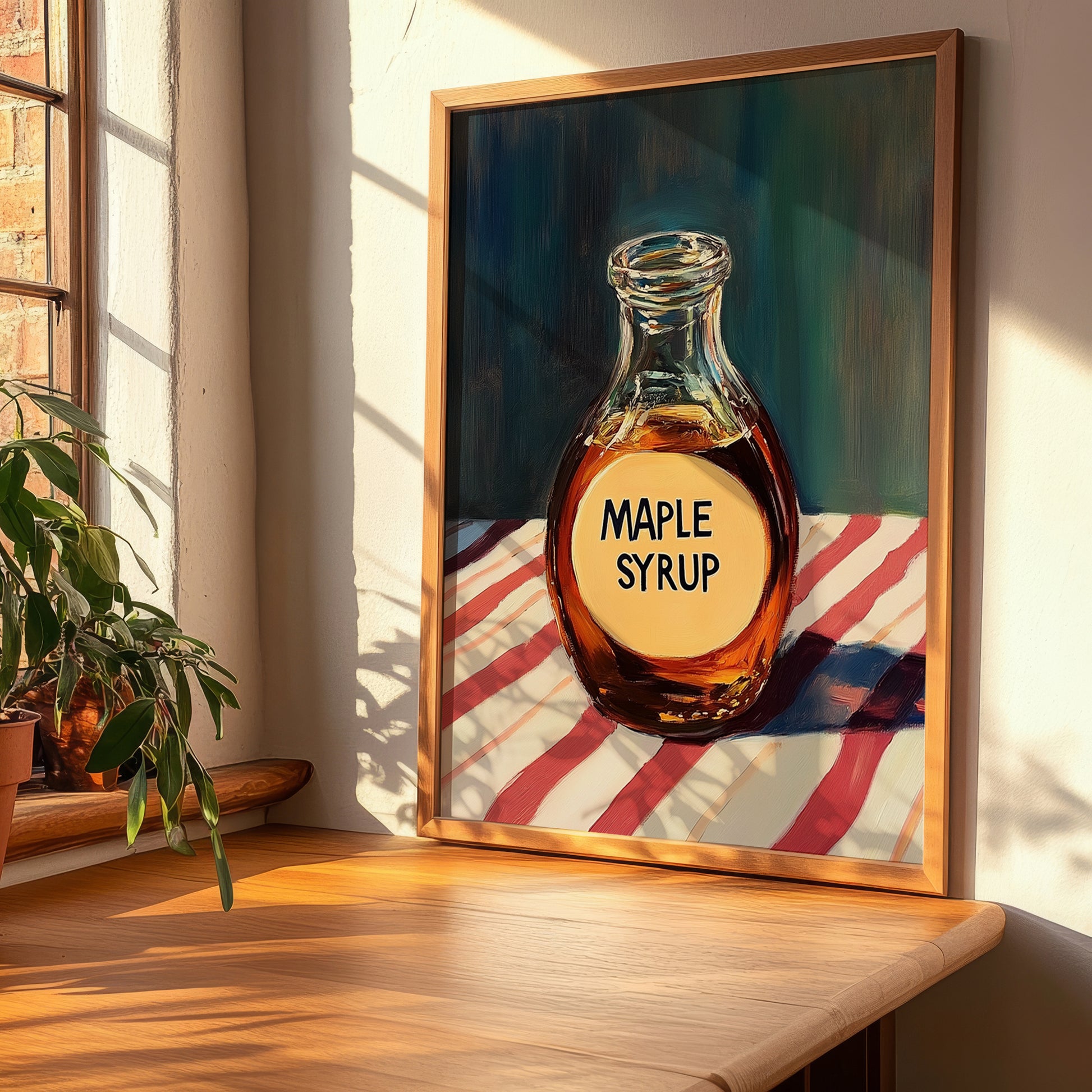 Maple Syrup – on Striped Tablecloth, Sweetener Wall Illustration, clean layout with no caption
