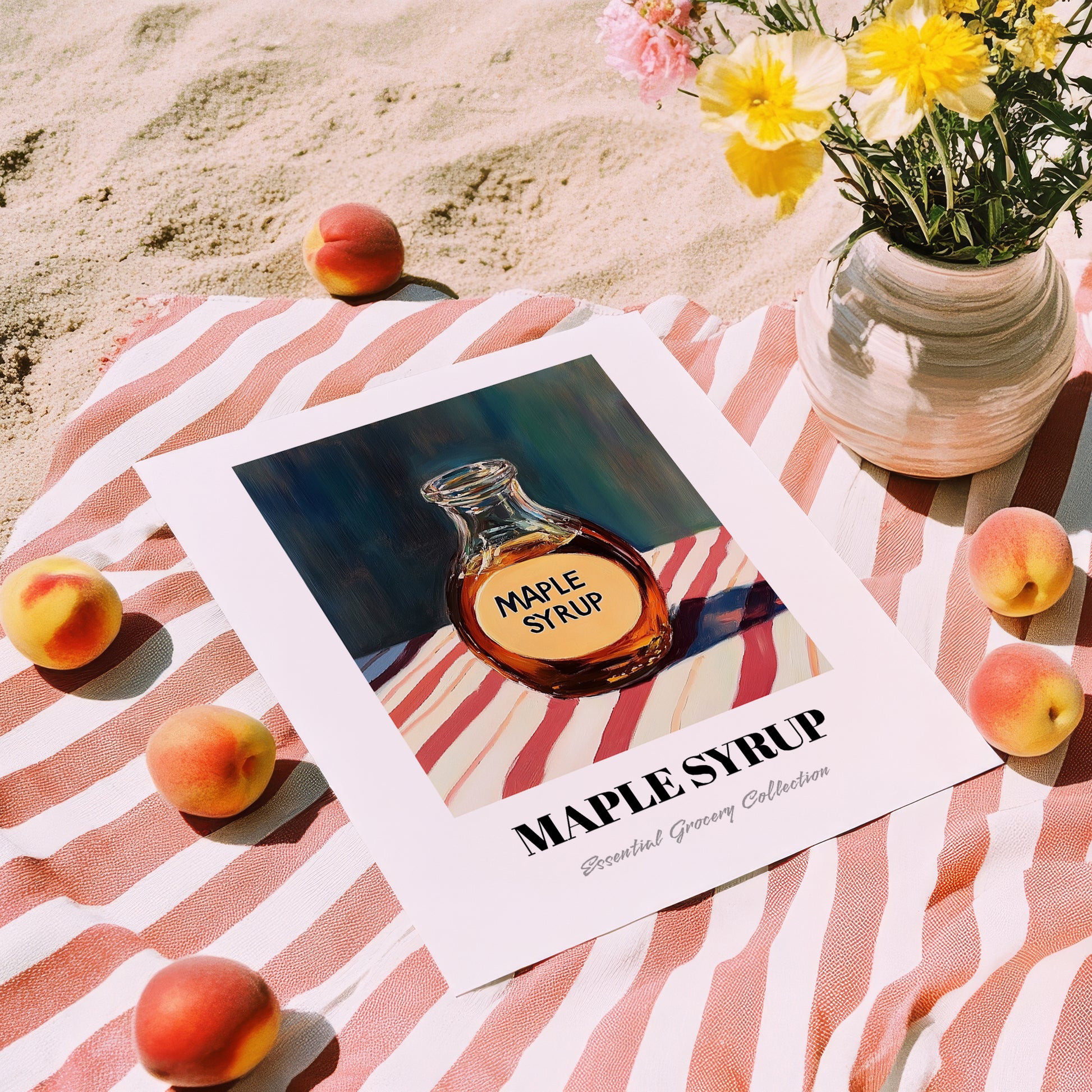 Maple Syrup – on Striped Tablecloth, Sweetener Wall Illustration, unframed on coastal sand