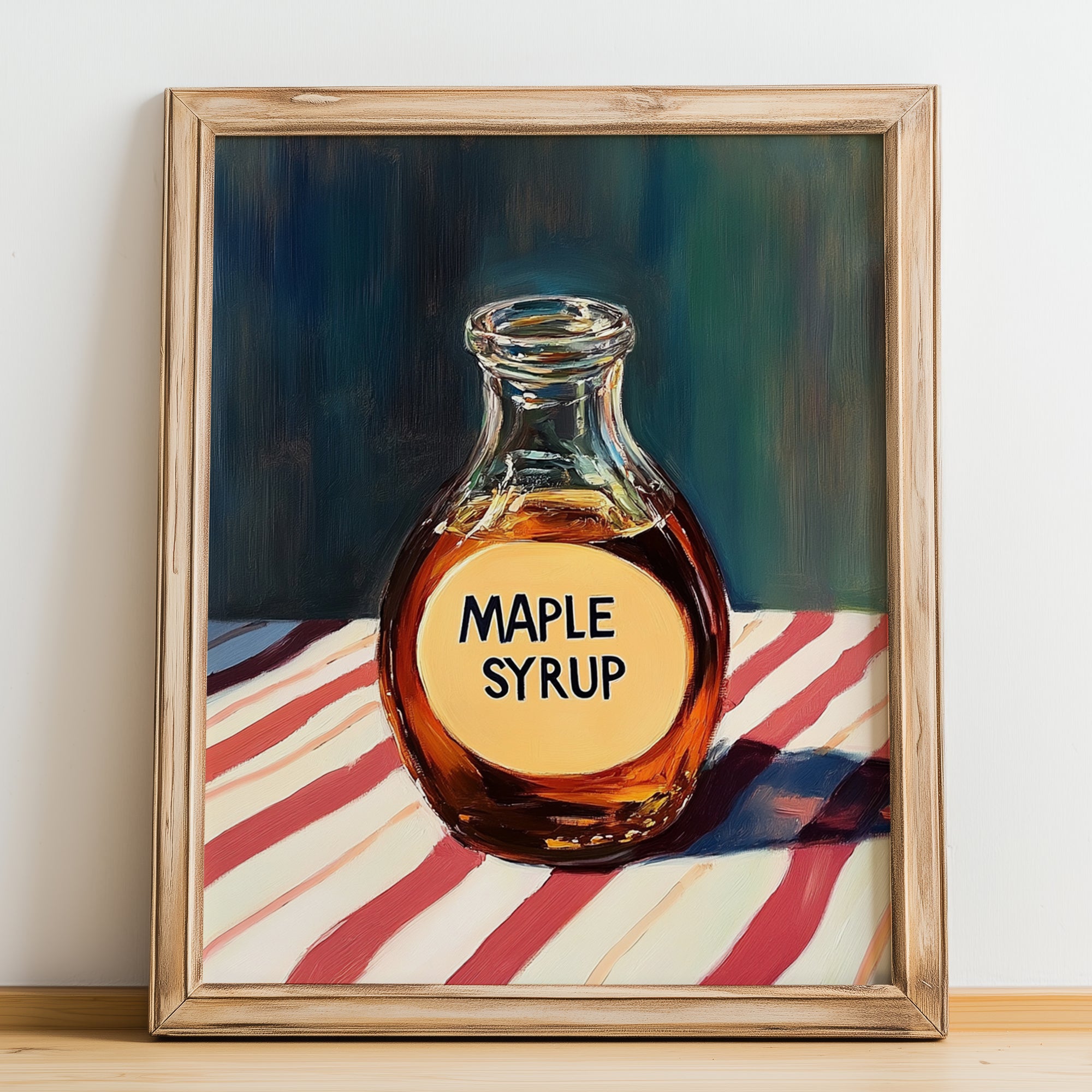 Maple Syrup – on Striped Tablecloth, Sweetener Wall Illustration, no-text version framed in wood