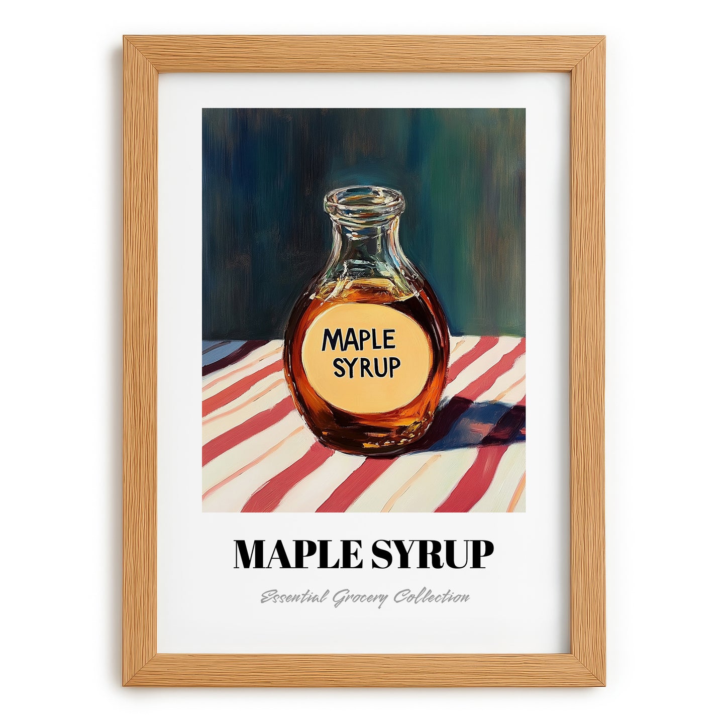 Maple Syrup – on Striped Tablecloth, Sweetener Wall Illustration, set in oak frame