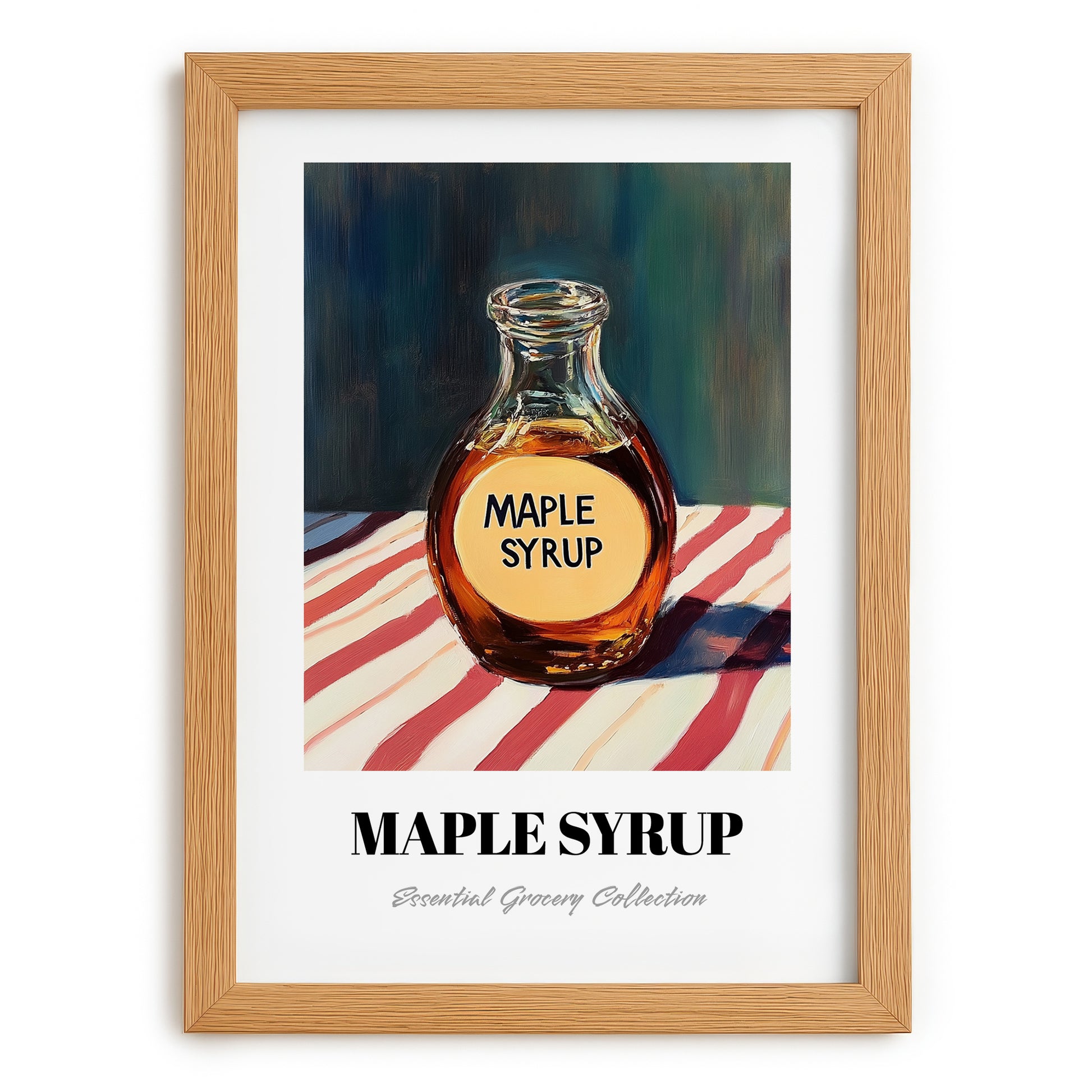 Maple Syrup – on Striped Tablecloth, Sweetener Wall Illustration, set in oak frame