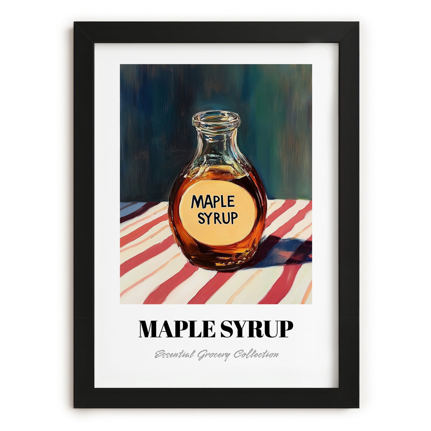 Maple Syrup – on Striped Tablecloth, Sweetener Wall Illustration, in sleek black frame