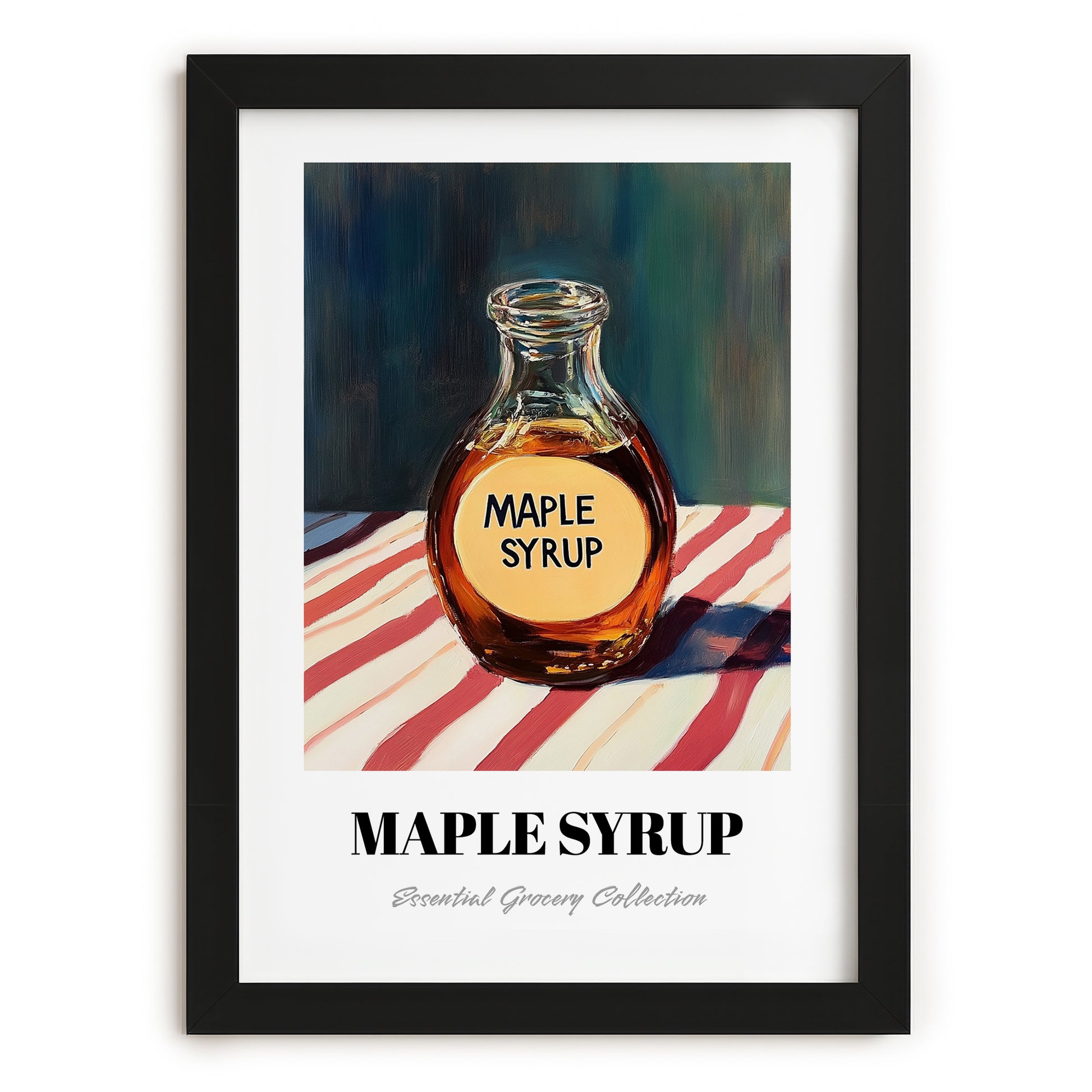 Maple Syrup – on Striped Tablecloth, Sweetener Wall Illustration, in sleek black frame