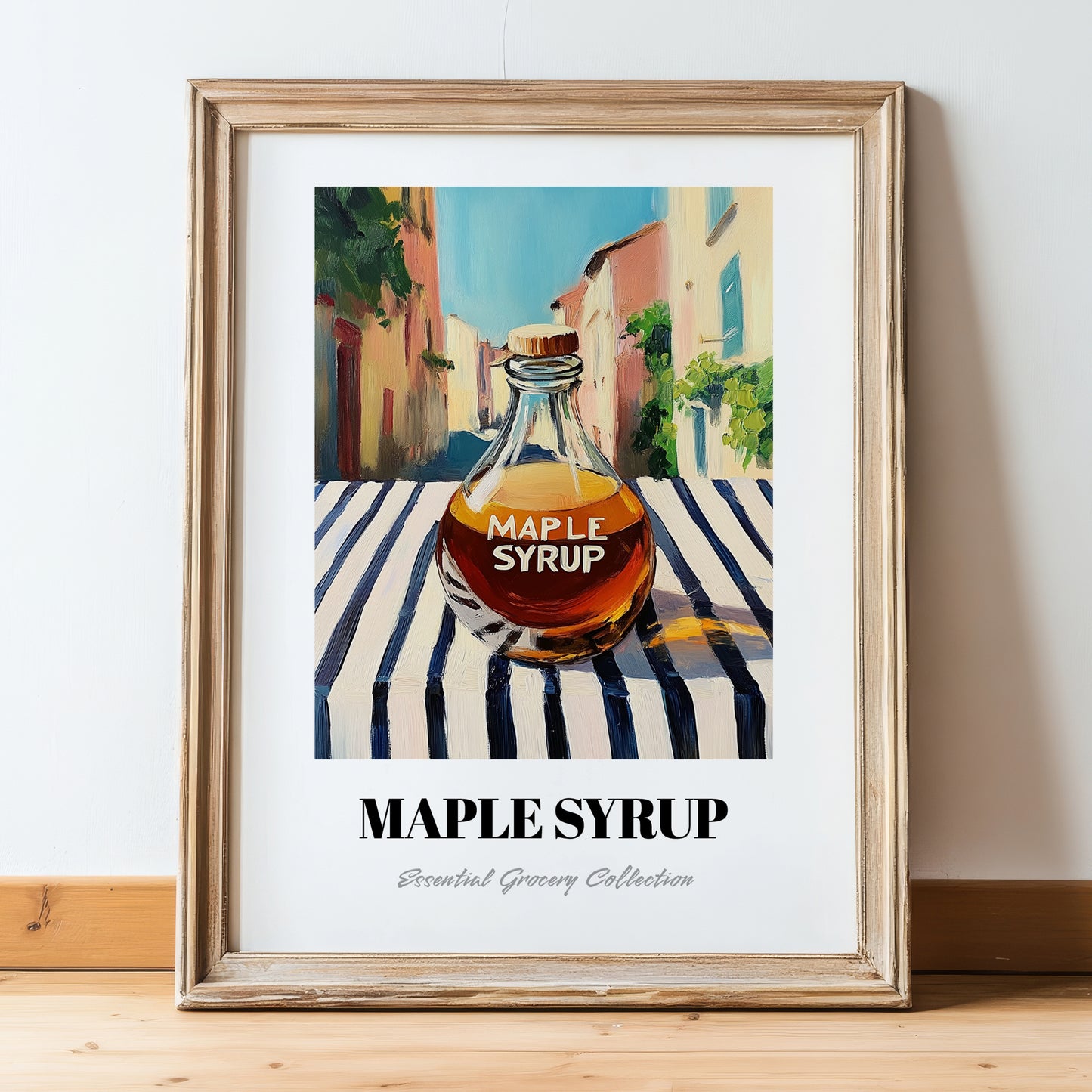 Maple Syrup – Italian Street Café Scene, Sweetener Still Life, in wooden frame leaning on the floor
