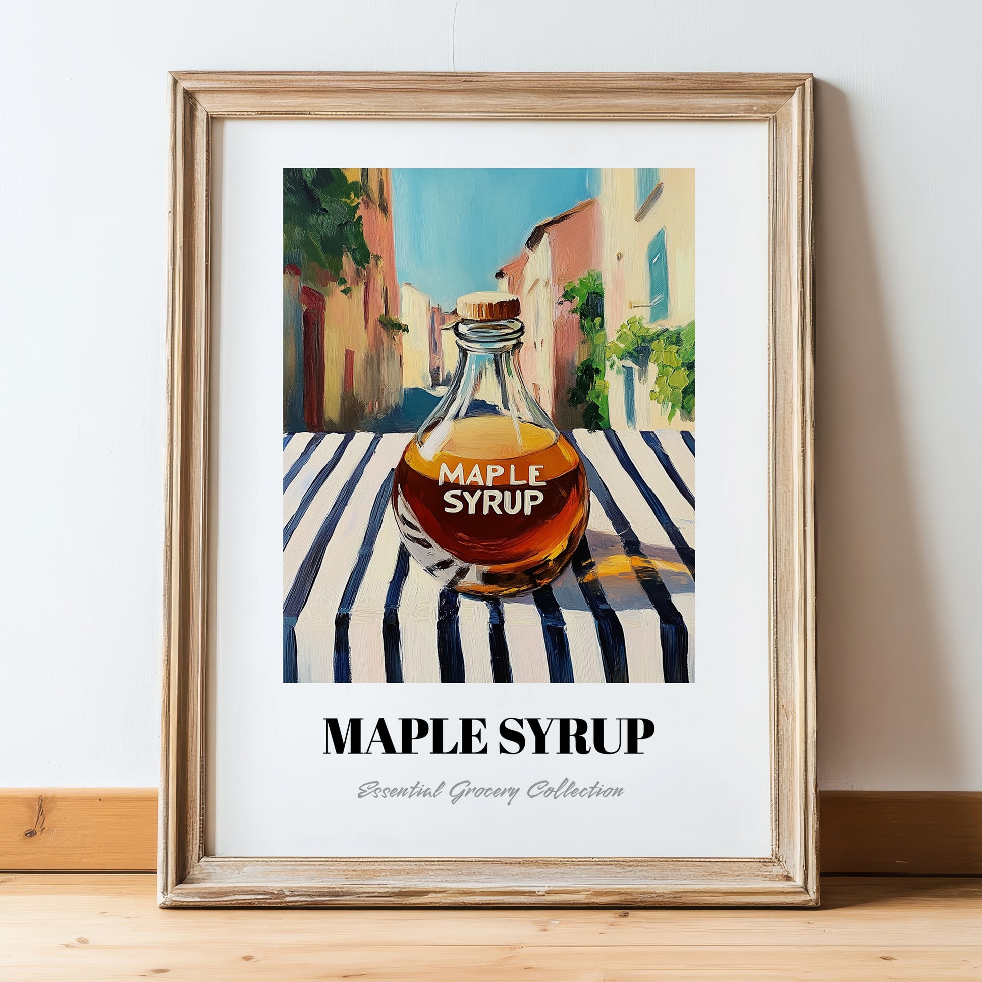 Maple Syrup – Italian Street Café Scene, Sweetener Still Life, in wooden frame leaning on the floor