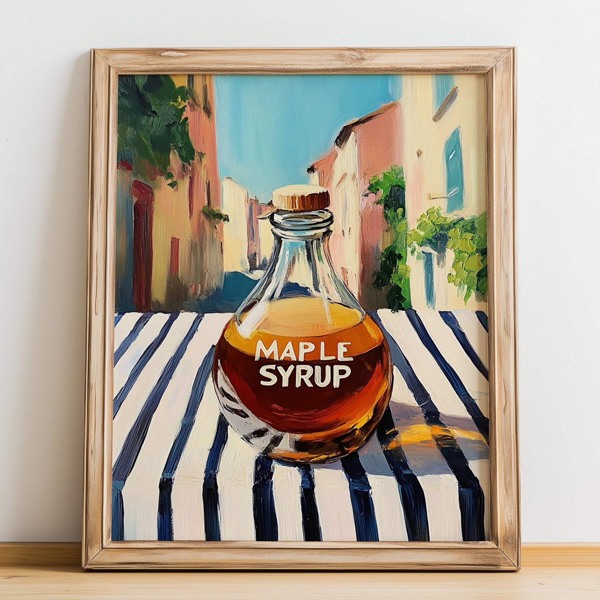 Maple Syrup – Italian Street Café Scene, Sweetener Still Life, no-text version framed in wood