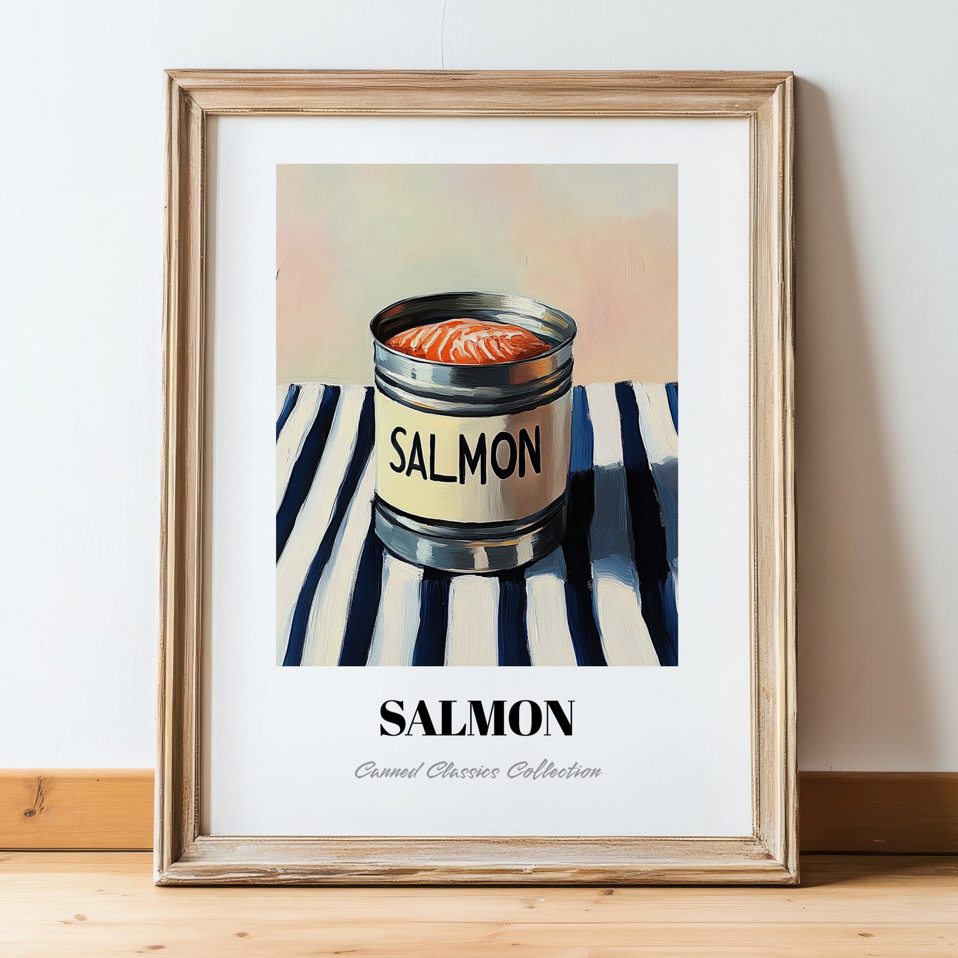 Salmon – on Striped Tablecloth, Canned Food Illustration, in wooden frame leaning on the floor