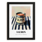 Salmon – on Striped Tablecloth, Canned Food Illustration, in sleek black frame