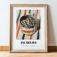 Anchovies – on Striped Tablecloth, Canned Food Illustration, in wooden frame leaning on the floor