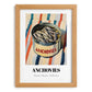 Anchovies – on Striped Tablecloth, Canned Food Illustration, set in oak frame