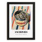 Anchovies – on Striped Tablecloth, Canned Food Illustration, in sleek black frame
