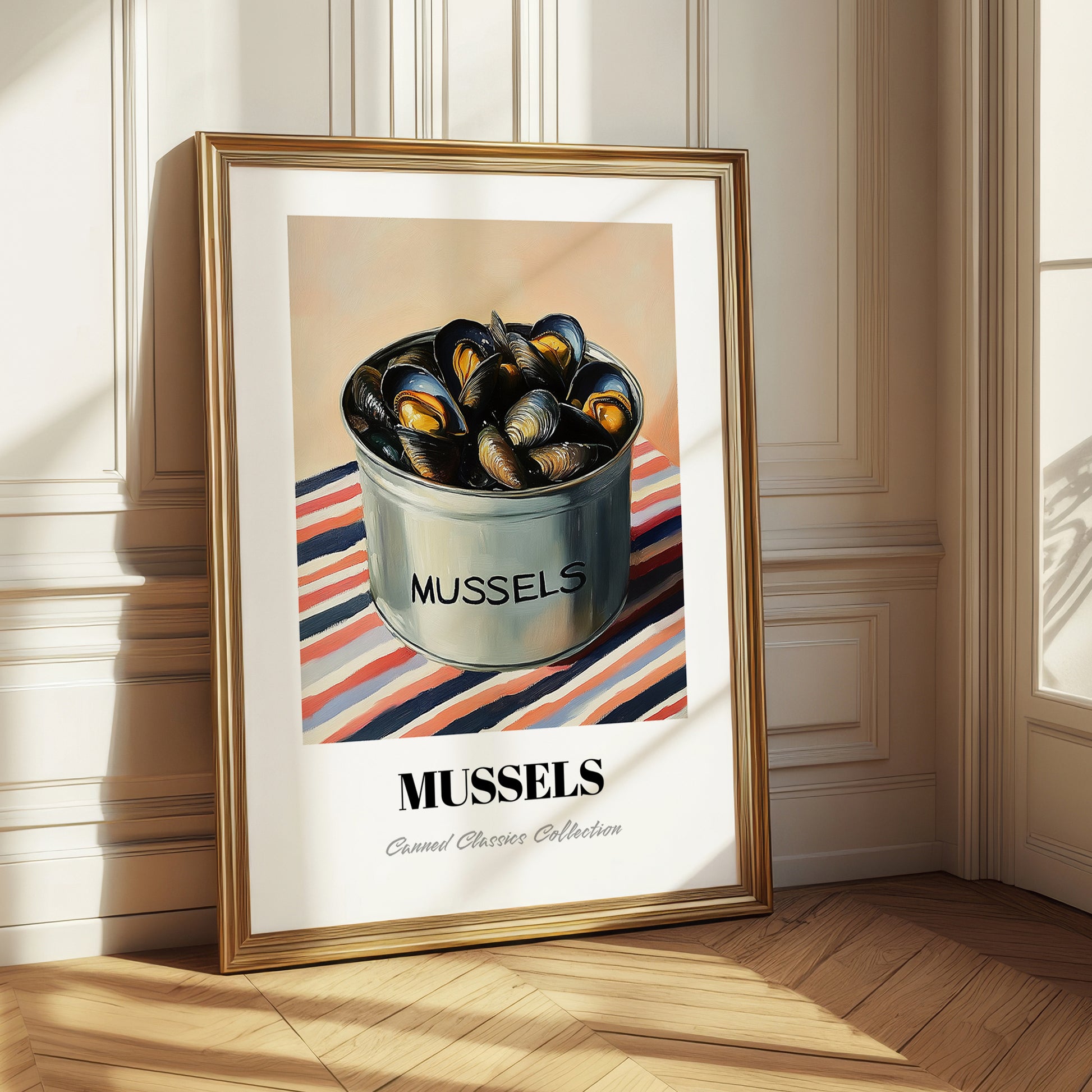 Mussels – on Striped Tablecloth, Canned Food Art