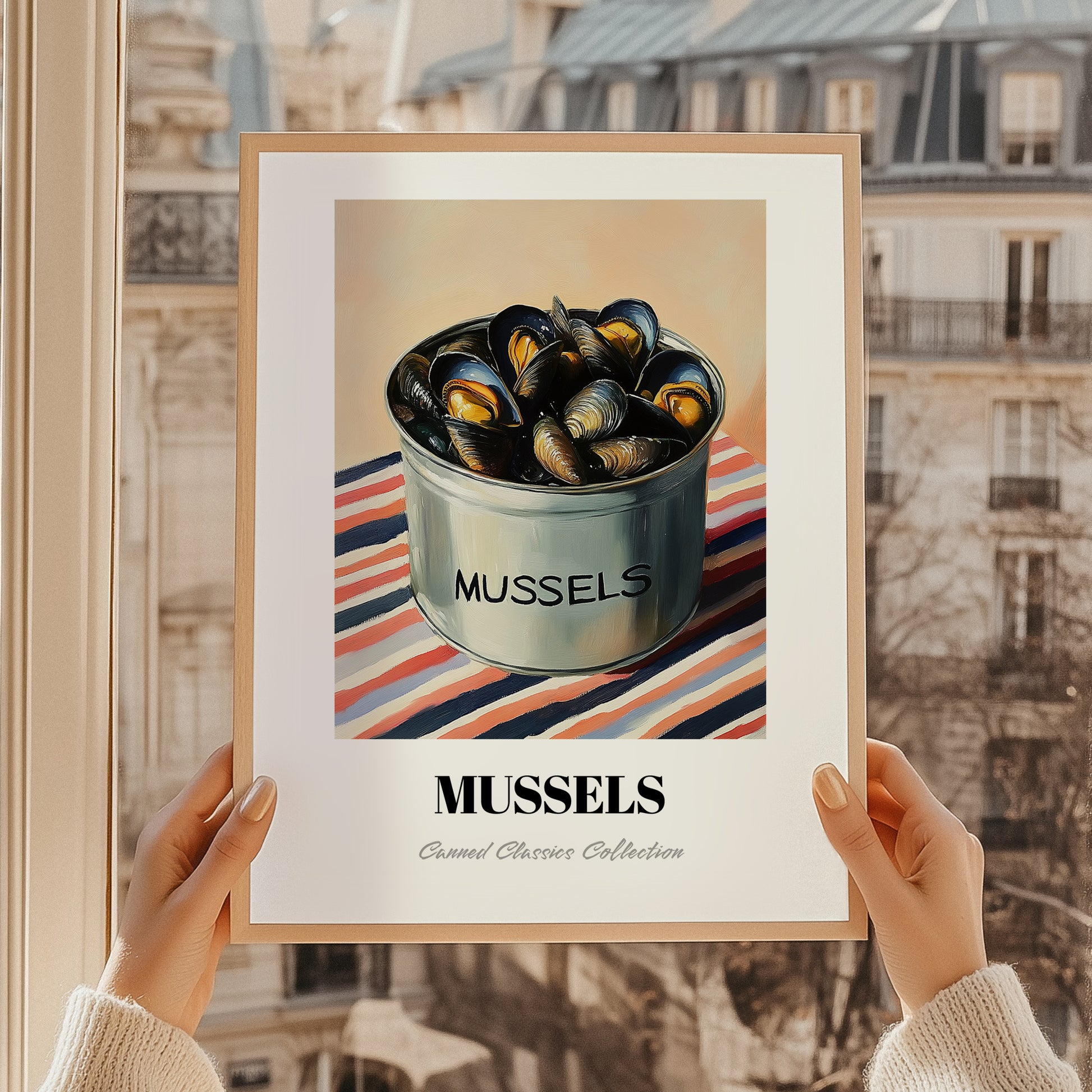 Mussels – on Striped Tablecloth, Canned Food Art, styled in a charming Paris street view