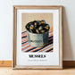 Mussels – on Striped Tablecloth, Canned Food Art, in wooden frame leaning on the floor