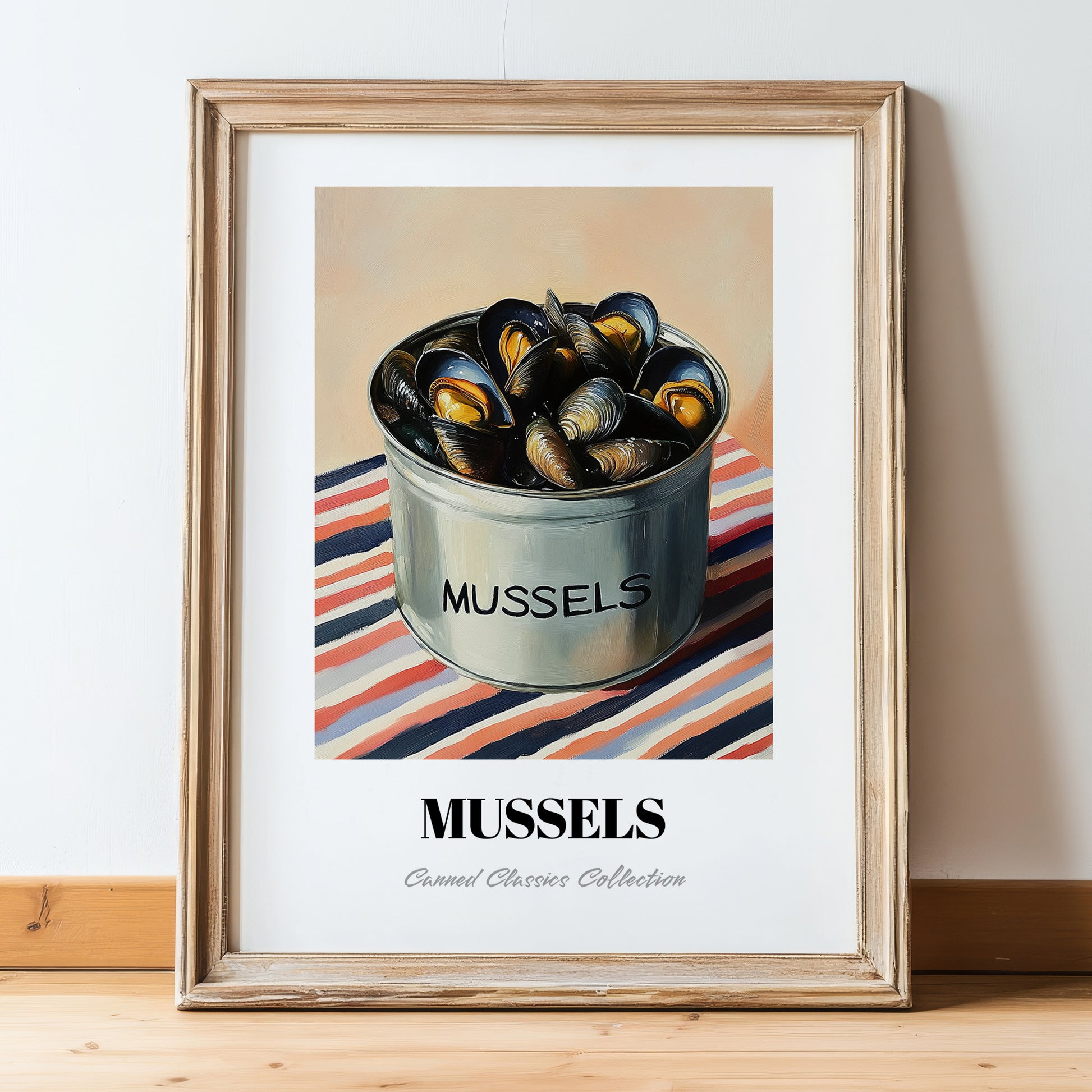 Mussels – on Striped Tablecloth, Canned Food Art, in wooden frame leaning on the floor