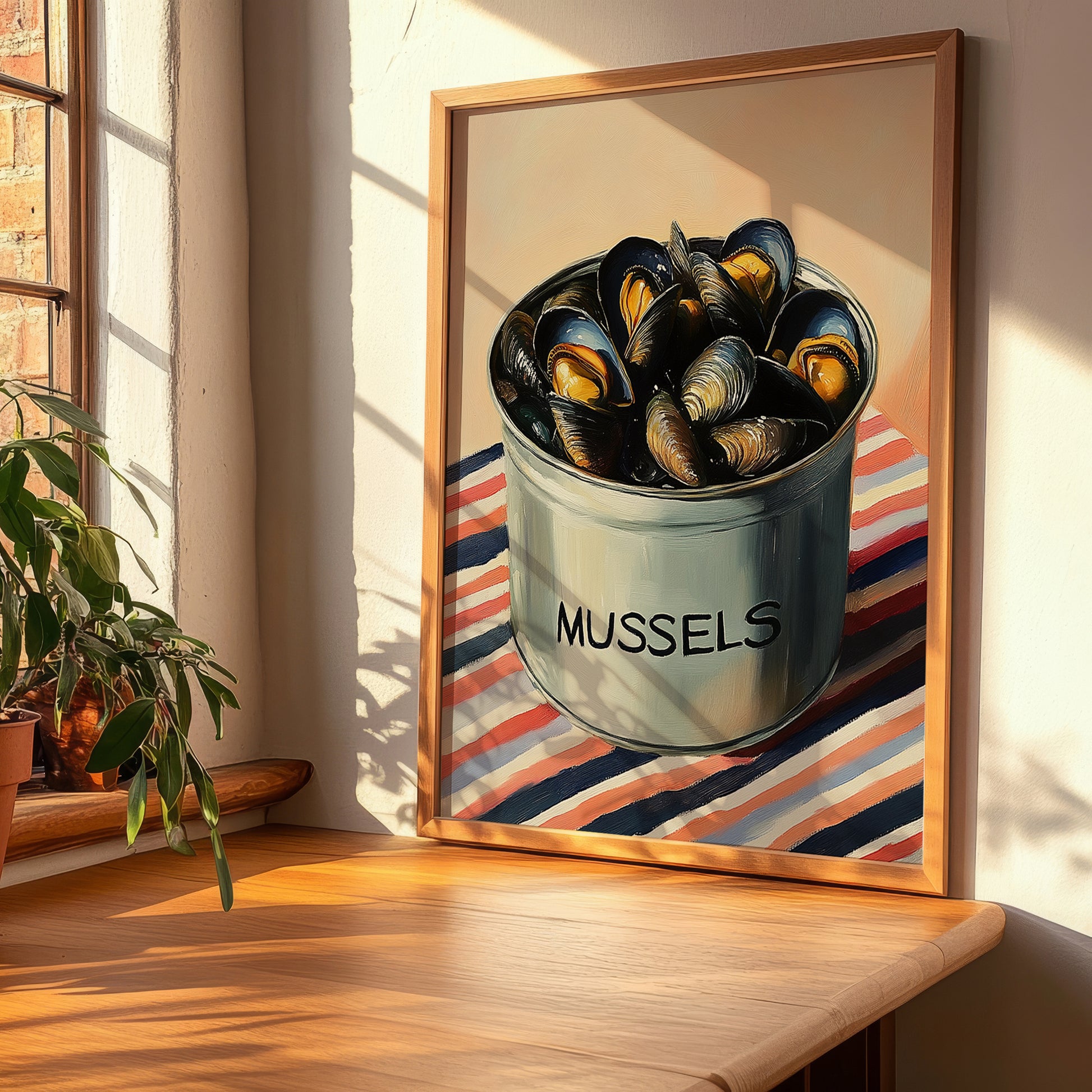 Mussels – on Striped Tablecloth, Canned Food Art, clean layout with no caption
