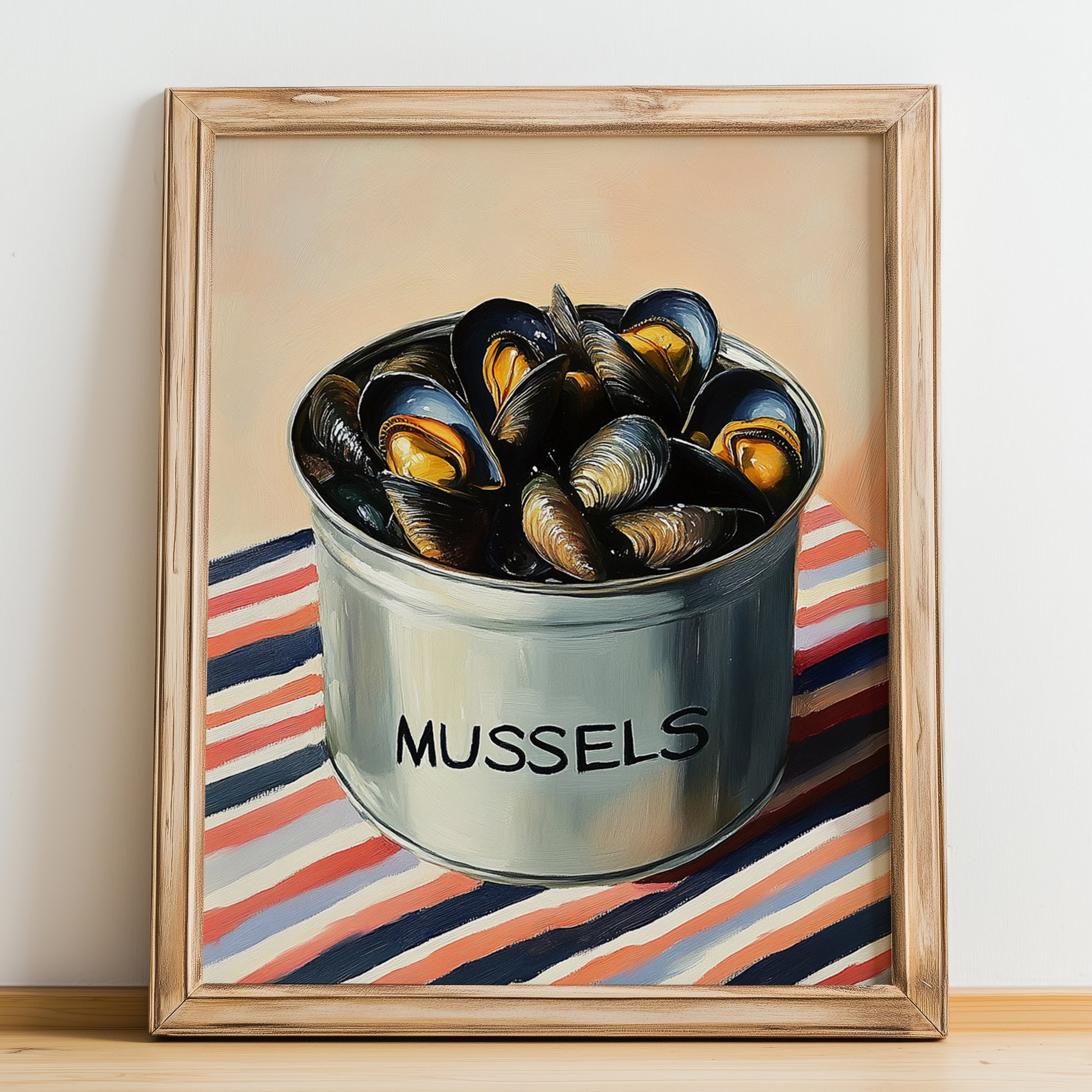 Mussels – on Striped Tablecloth, Canned Food Art, no-text version framed in wood